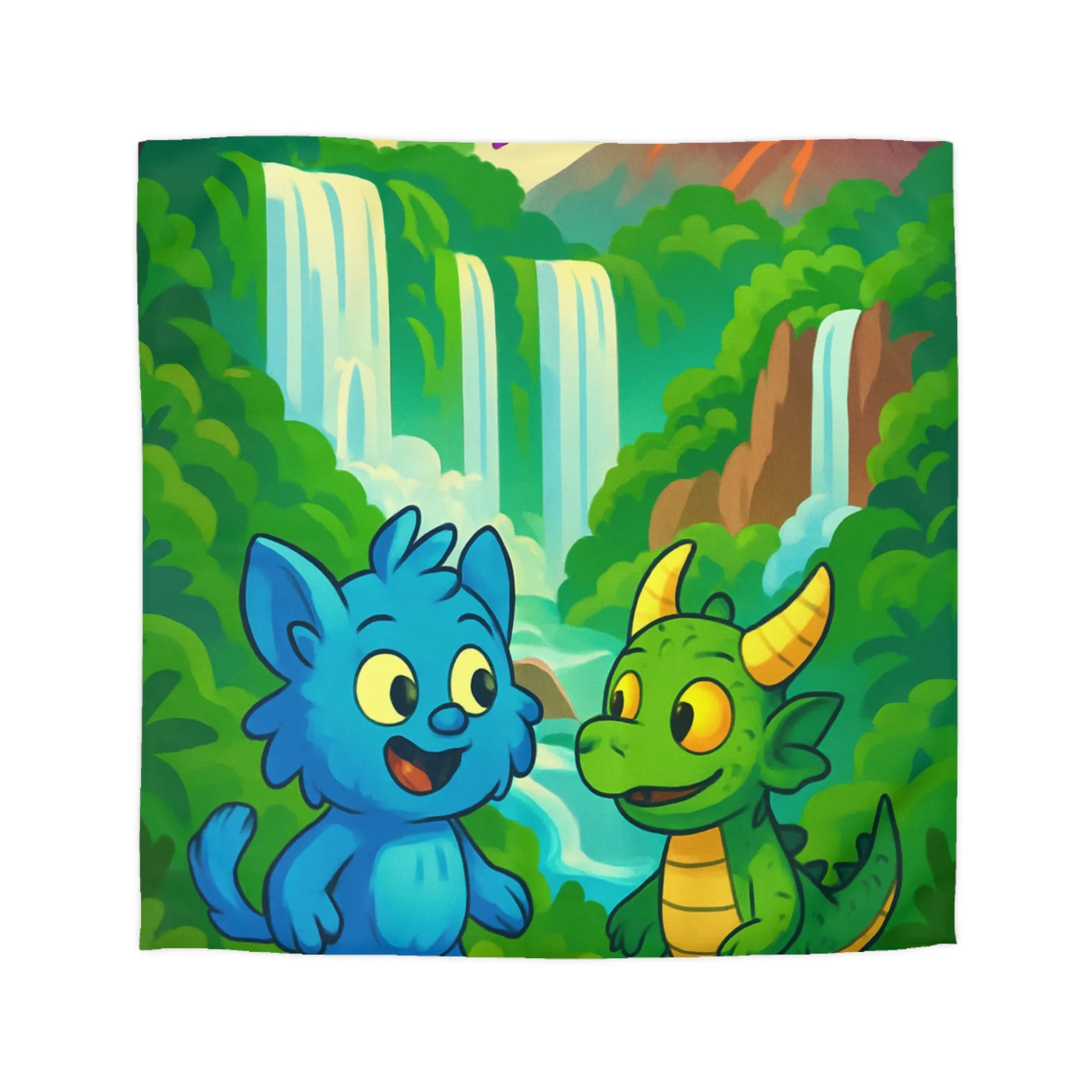 Housse de Couette Fantaisie Enfants Avec Animaux et Paysage Magique Coloré Vert et Bleu