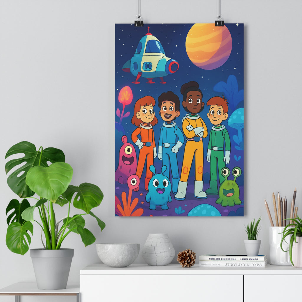 Poster décoratif enfants aventure spatiale cartoon extraterrestres bleu vert orange joyeux chambre navette planète