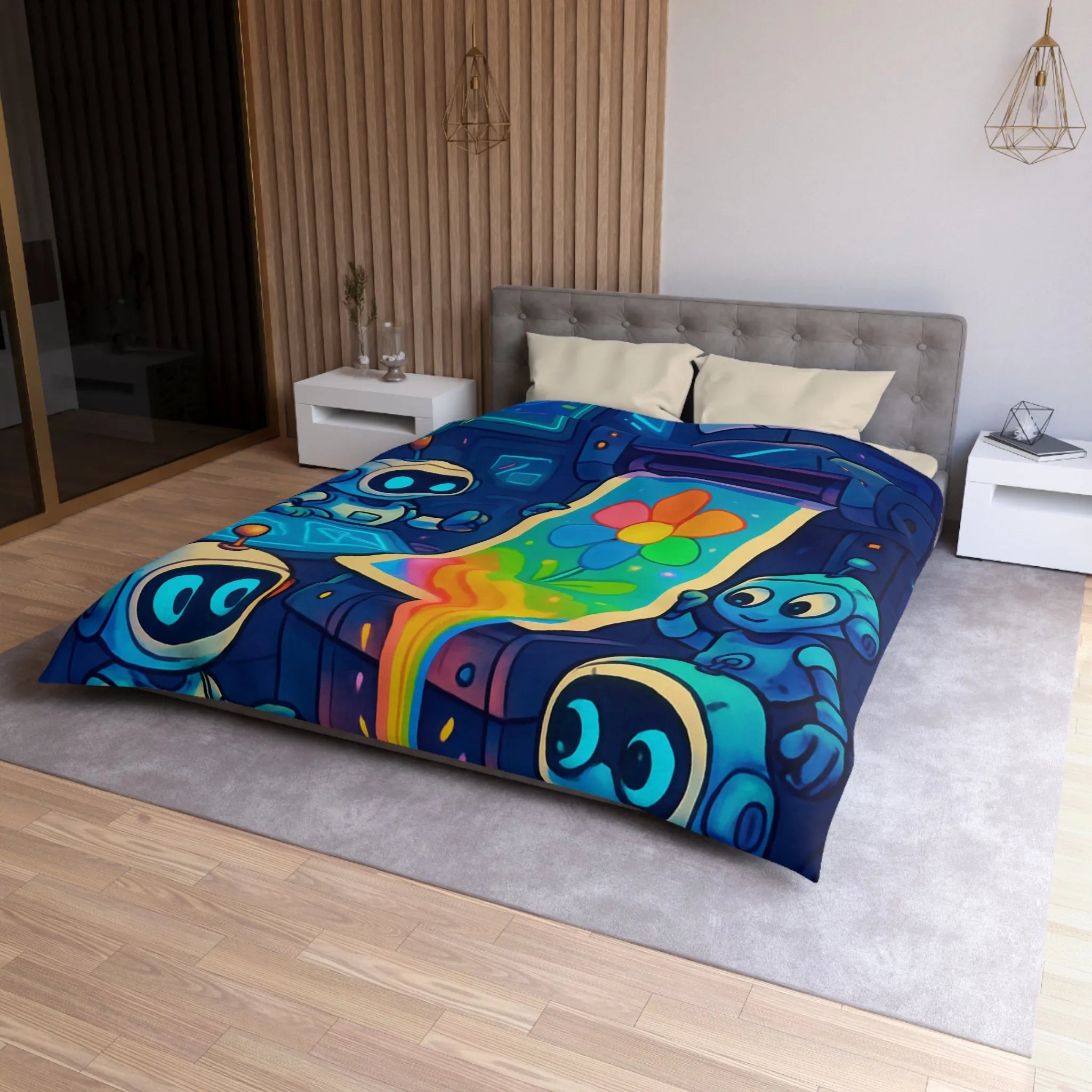 Drôles de robots imprimant une fleur colorée dans un atelier futuriste lumineux