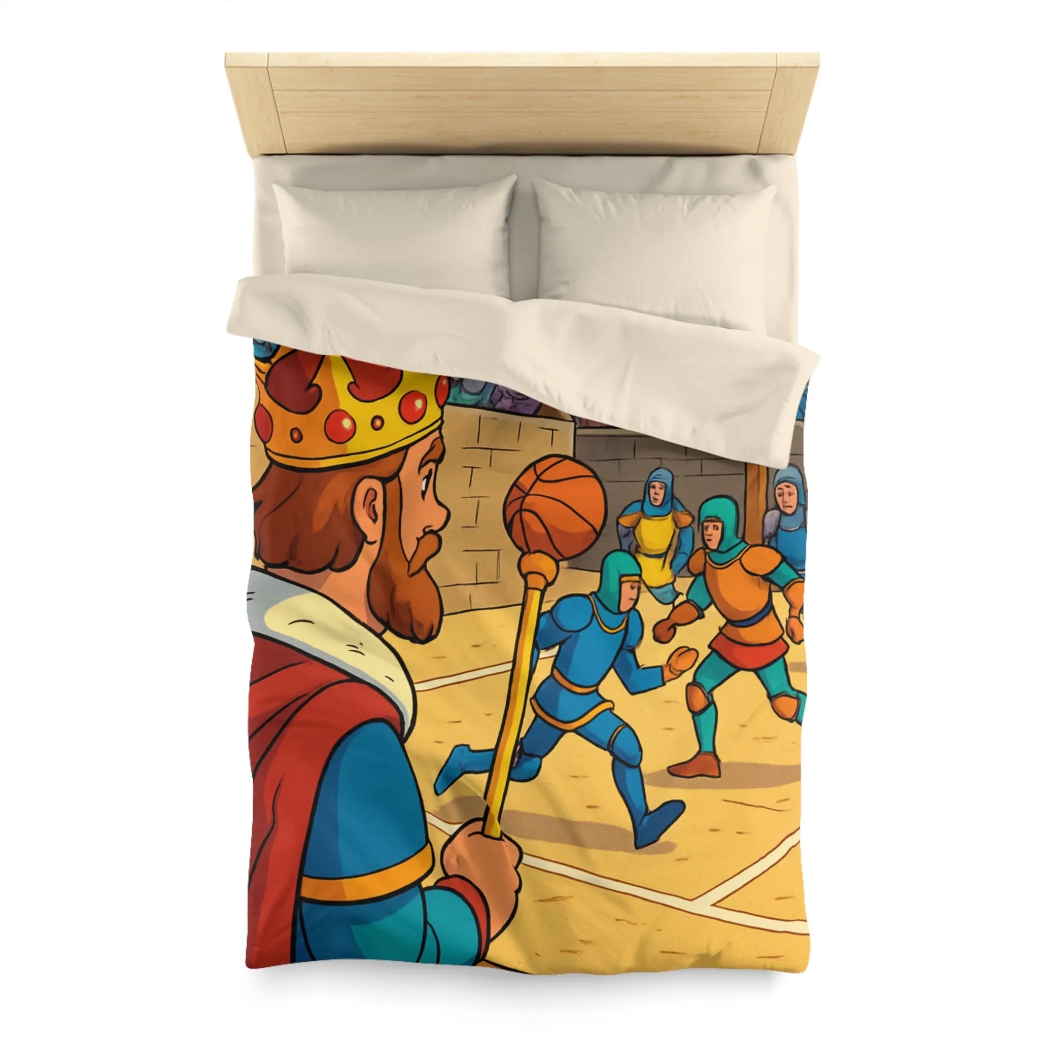 Housse de couette médiévale originale avec chevaliers jouant au basket dans un château
