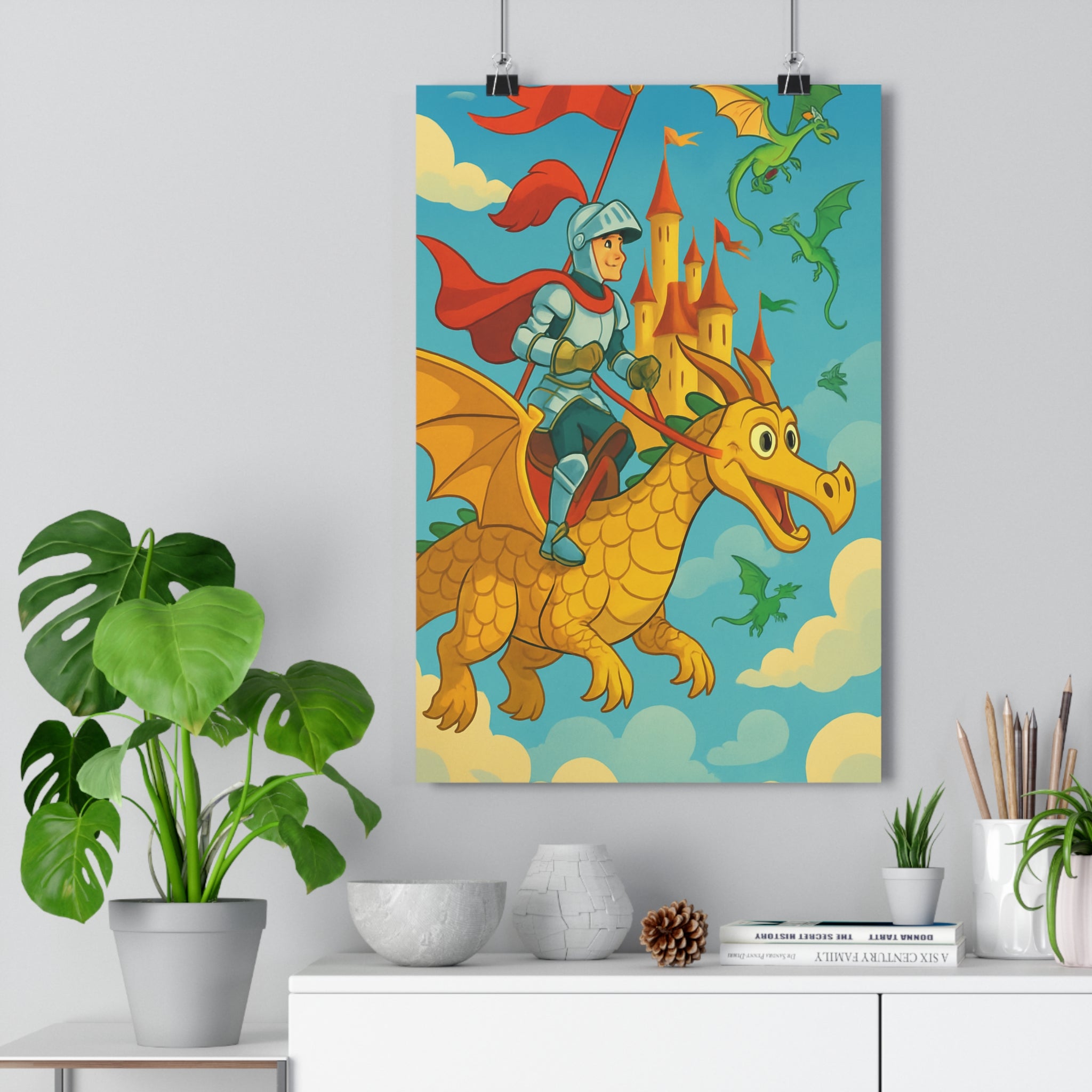 Poster décoratif chevalier dragon doré cartoon fantaisiste aventure enfant chambre magique ambiance joyeuse 30