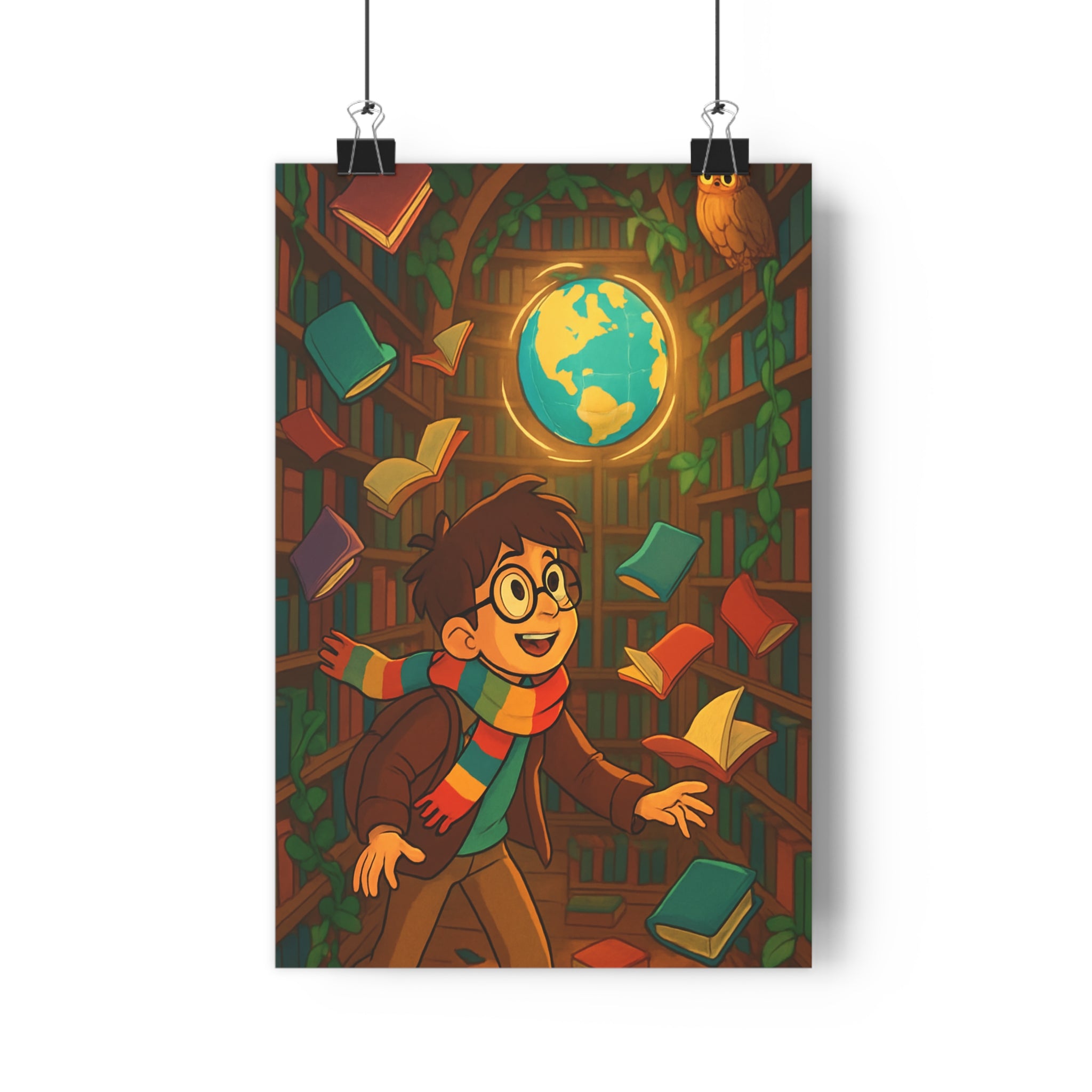 Poster décoratif magique mystique bibliothèque livre garçon légendaire hibou lumineux bleu rouge vert chambre