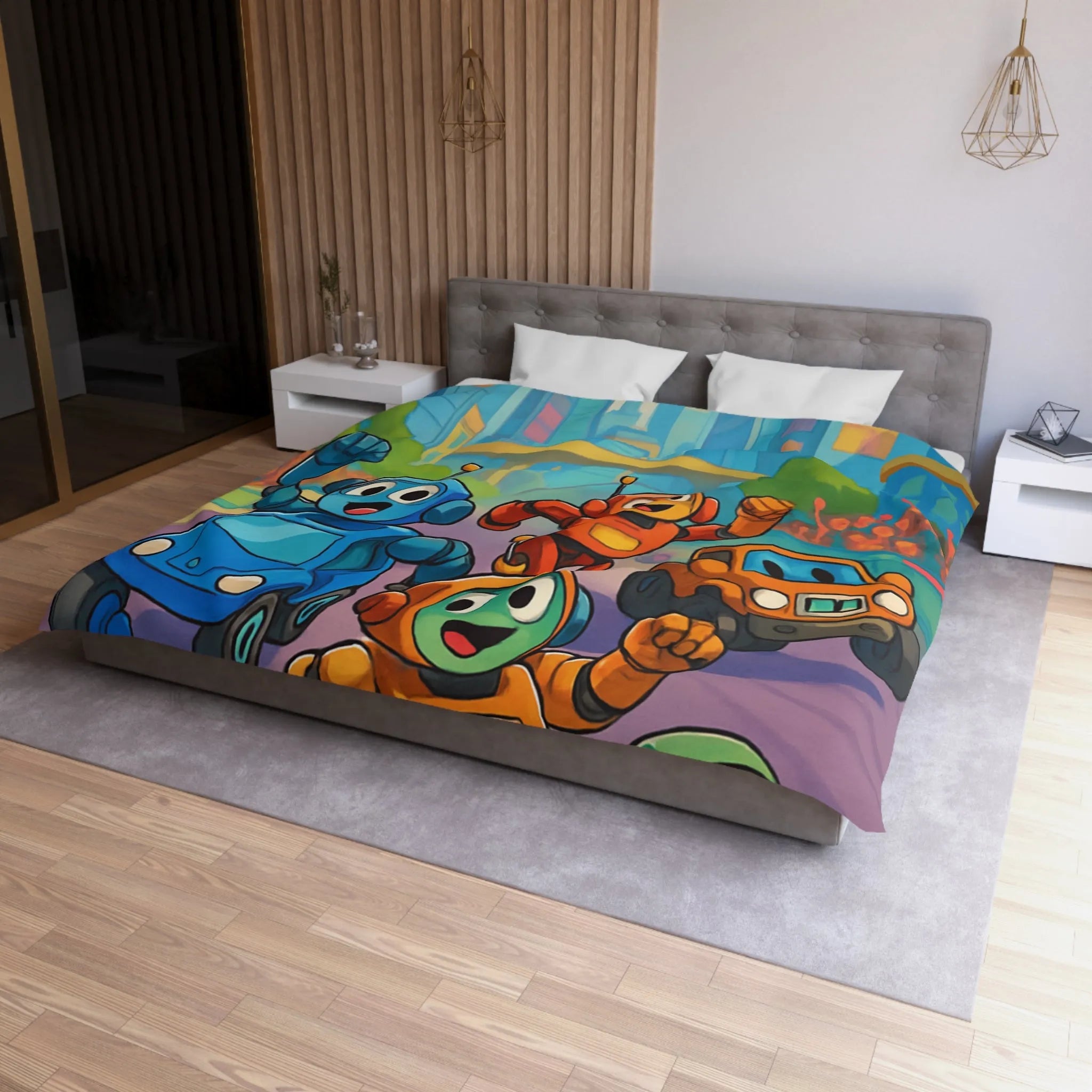 Housse de Couette Animée avec Robots Joyeux et Ville Futuriste pour Enfants