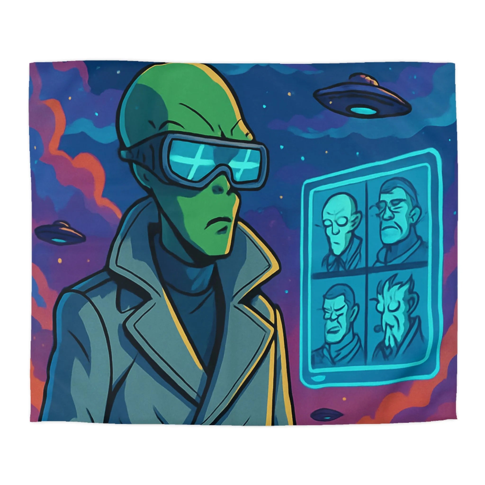 Housse de Couette Futuriste avec Alien et OVNIs, Style Bande Dessinée Colorée Science-Fiction