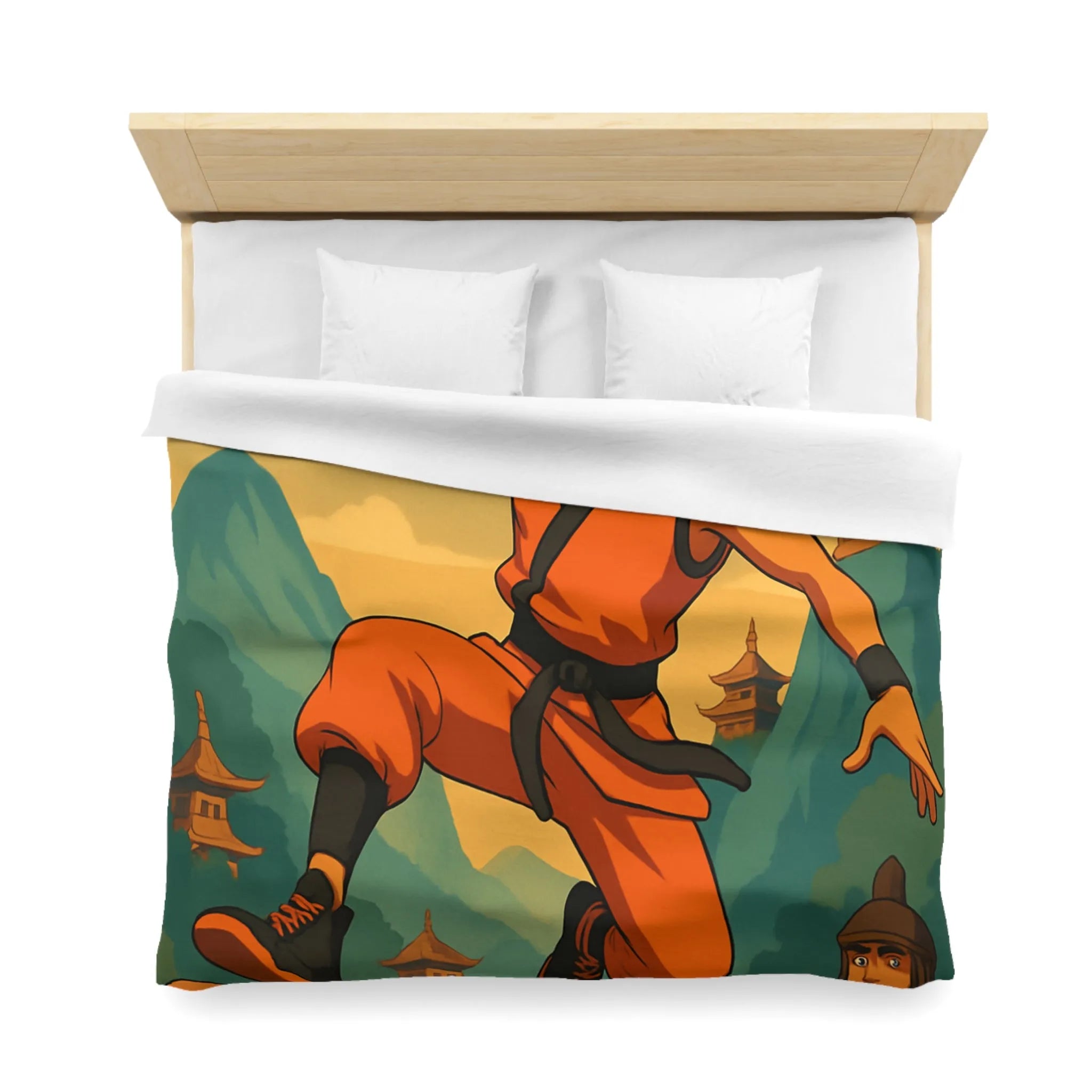 Housse de Couette Art Martial Moine avec Ballon de Basket en Feu Paysage Montagneux