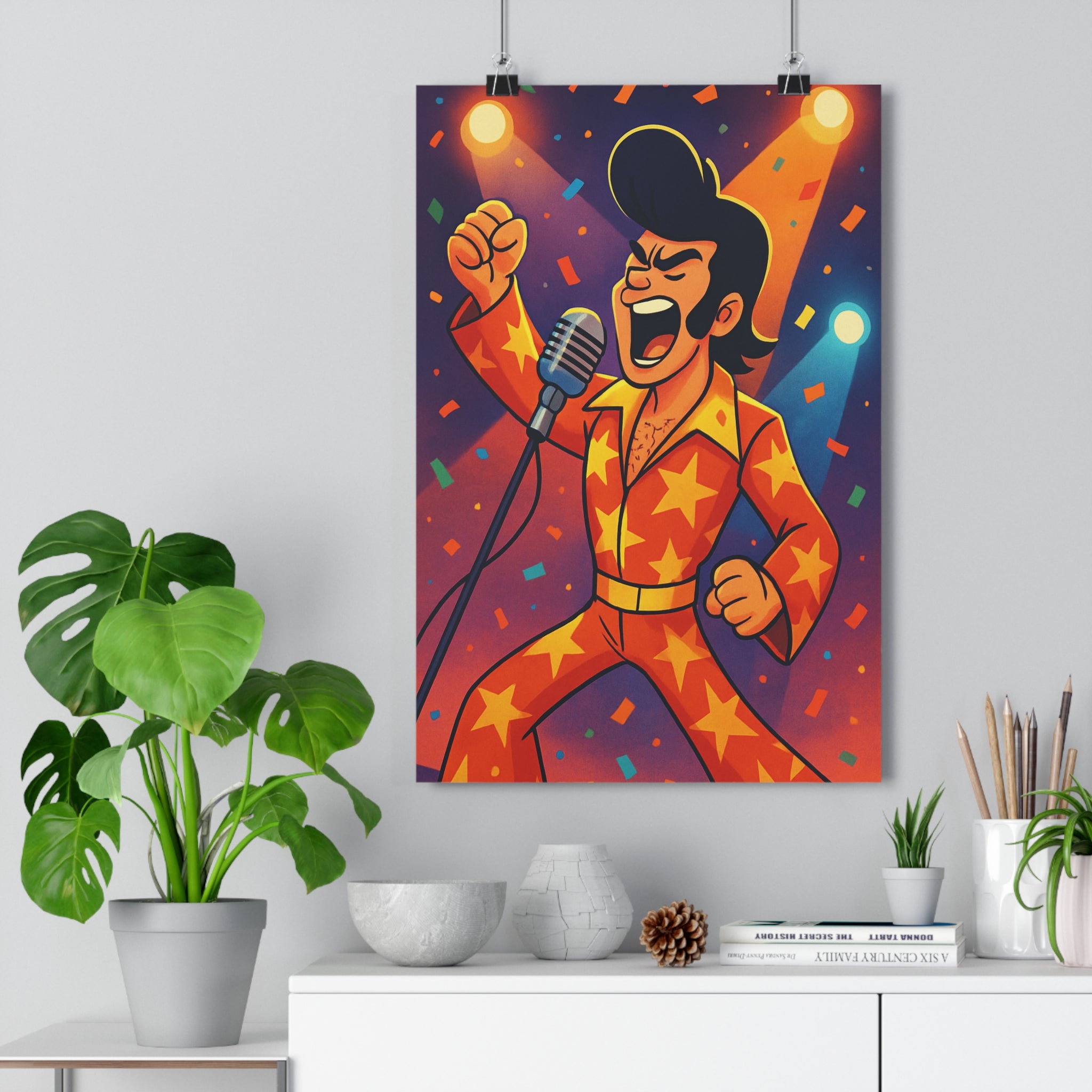 Poster décoratif vibrant orange jaune main joyeux salon musique chambre dynamique confettis lumineux 30x46