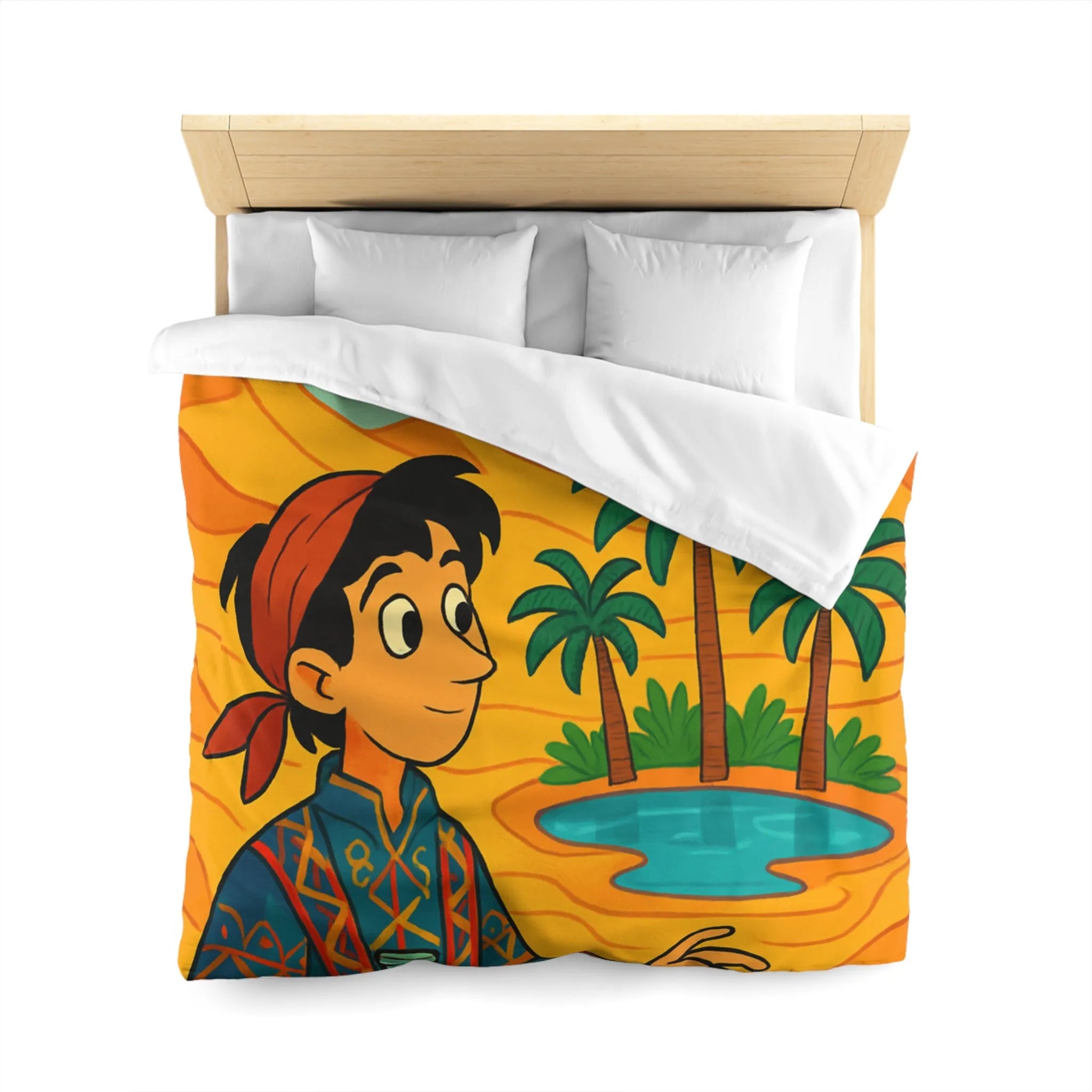 Housse de couette magique avec tapis volants et oasis sous ciel bleu désertique