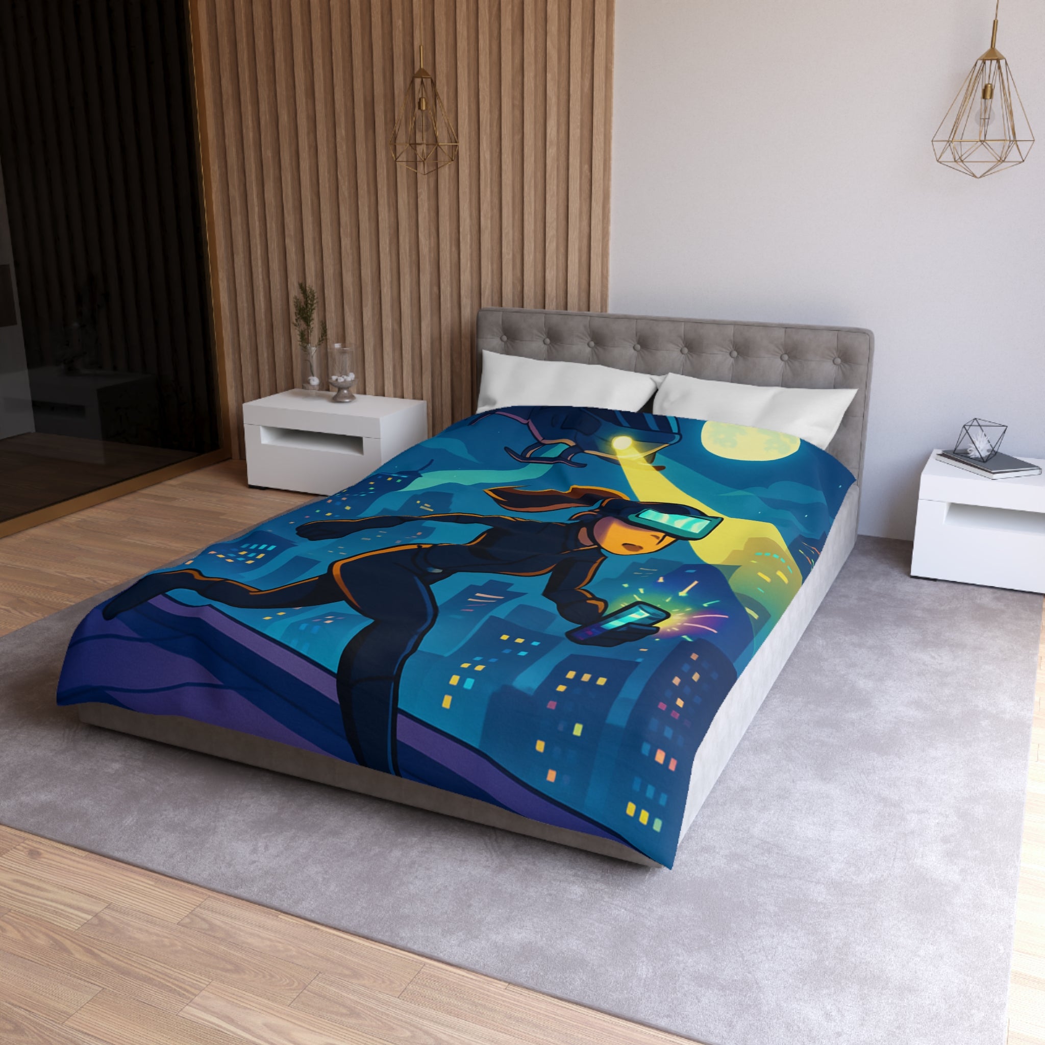 Housse de couette moderne avec motif de ville et personnage futuriste en action
