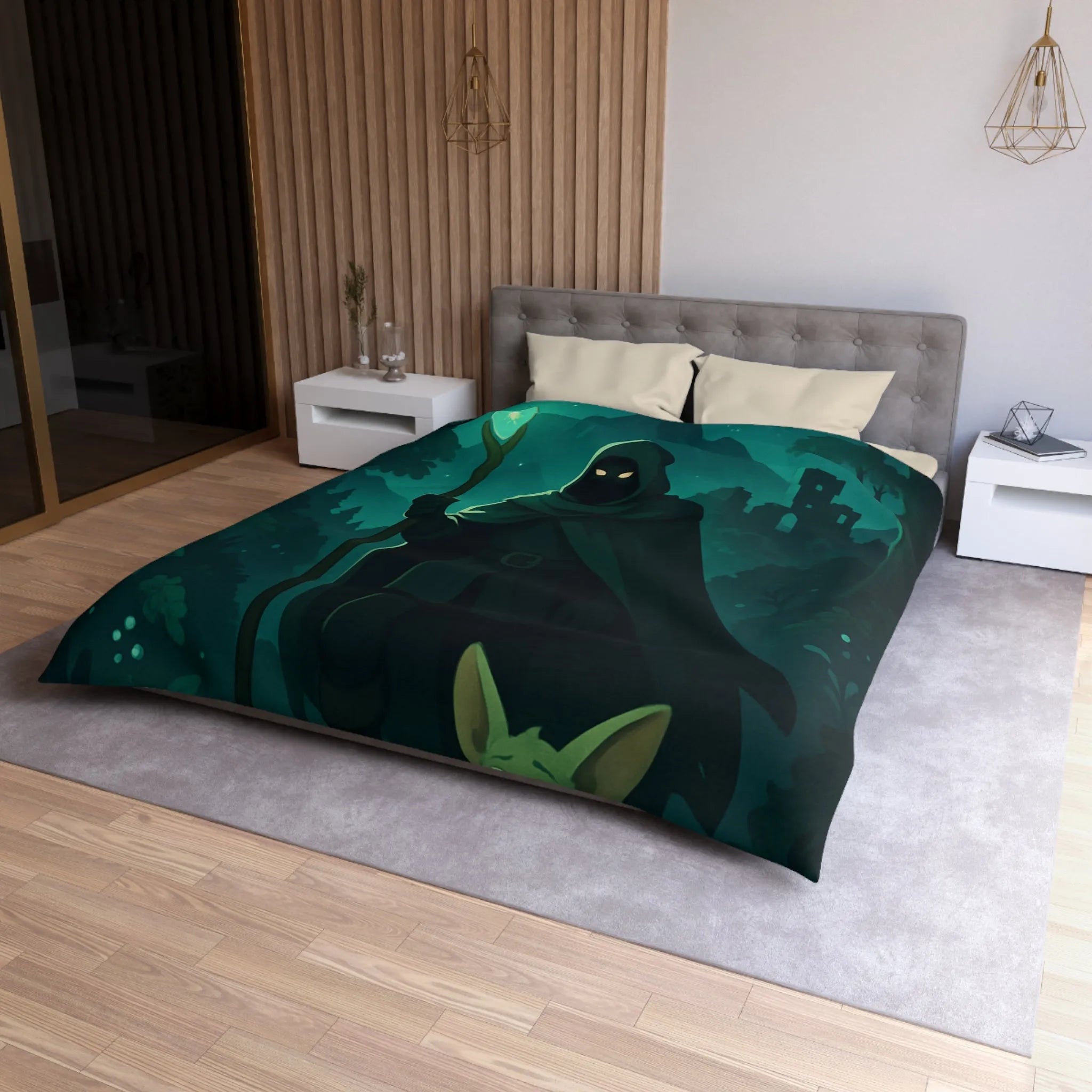 Housse de couette magique avec sorcier nocturne et créature enchantée sous lune étoilée