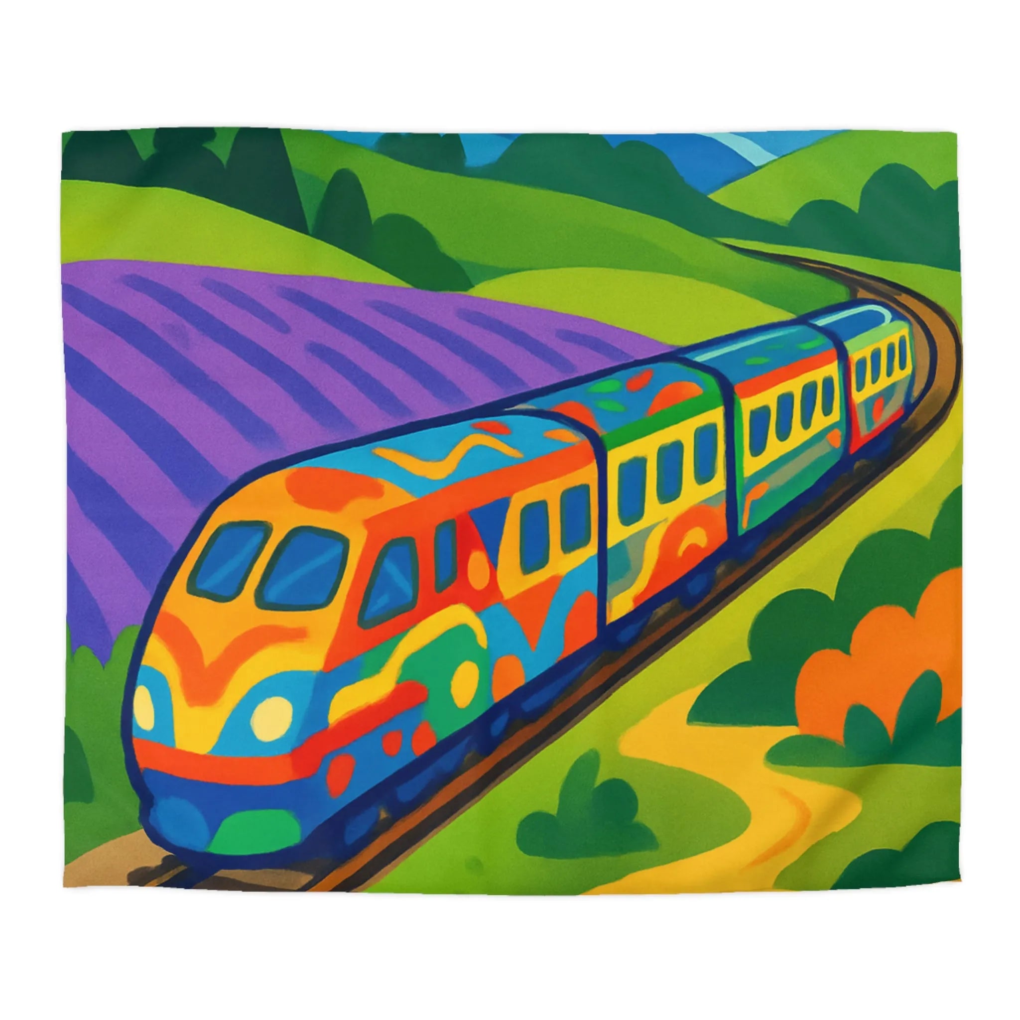 Housse de Couette Colorée avec Paysage de Train et Montagnes Pittoresques