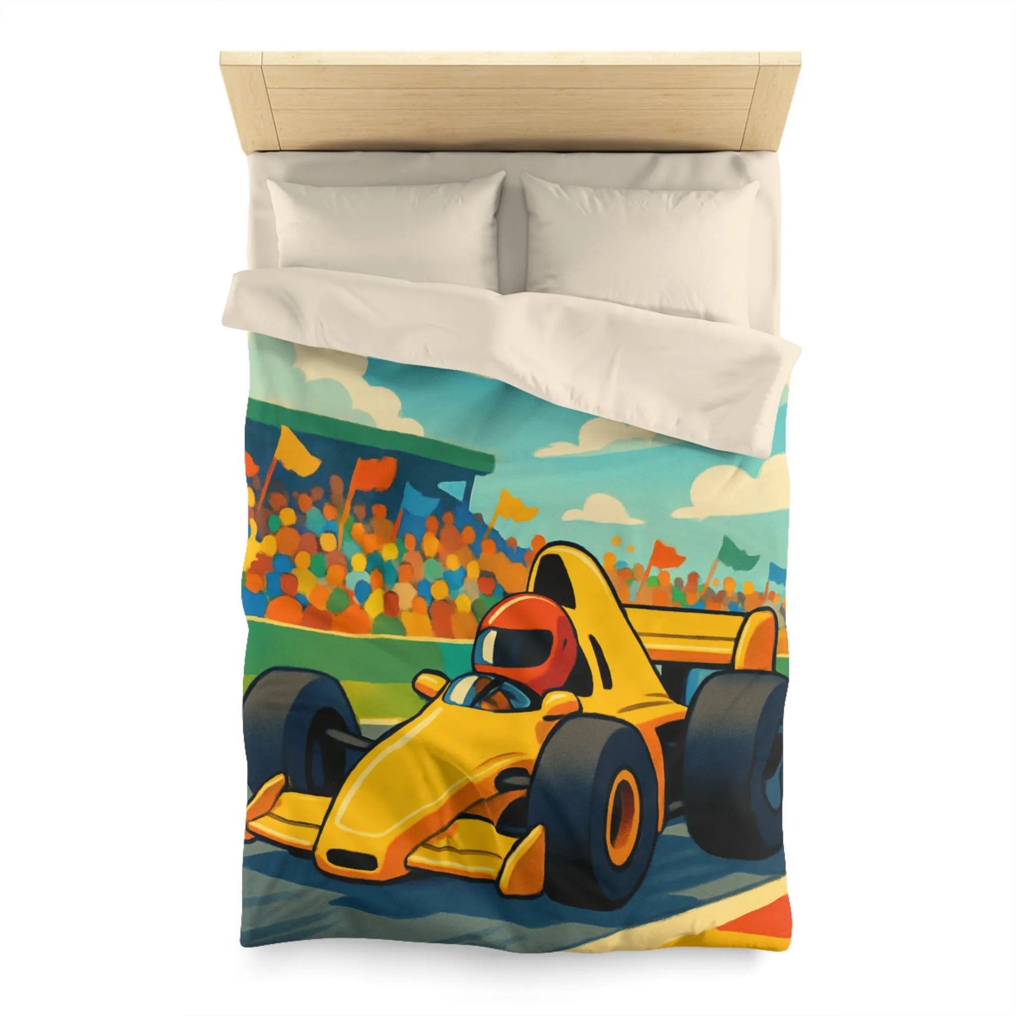Housse de couette enfant voiture de course jaune circuit ambiance dynamique et colorée