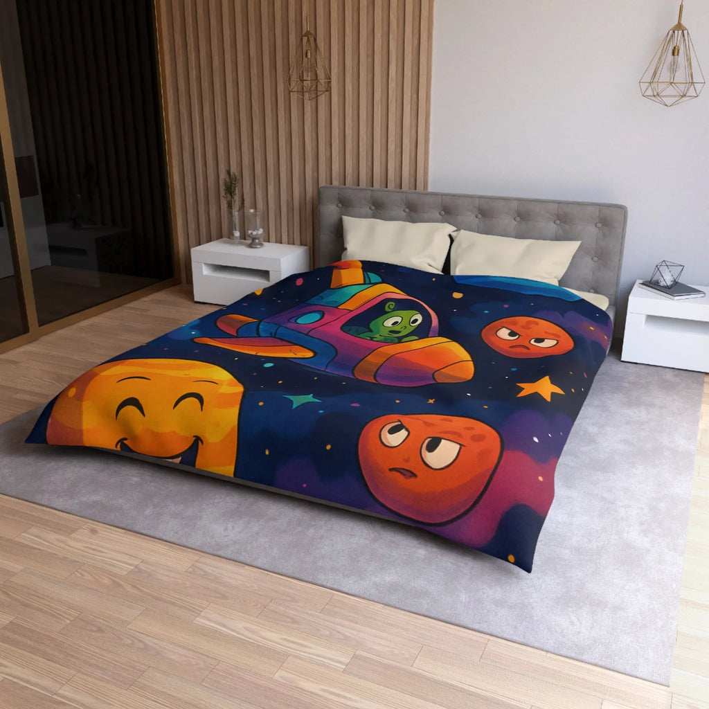 Housse de couette enfant cosmos coloré avec planètes amusantes et fusée extraterrestre