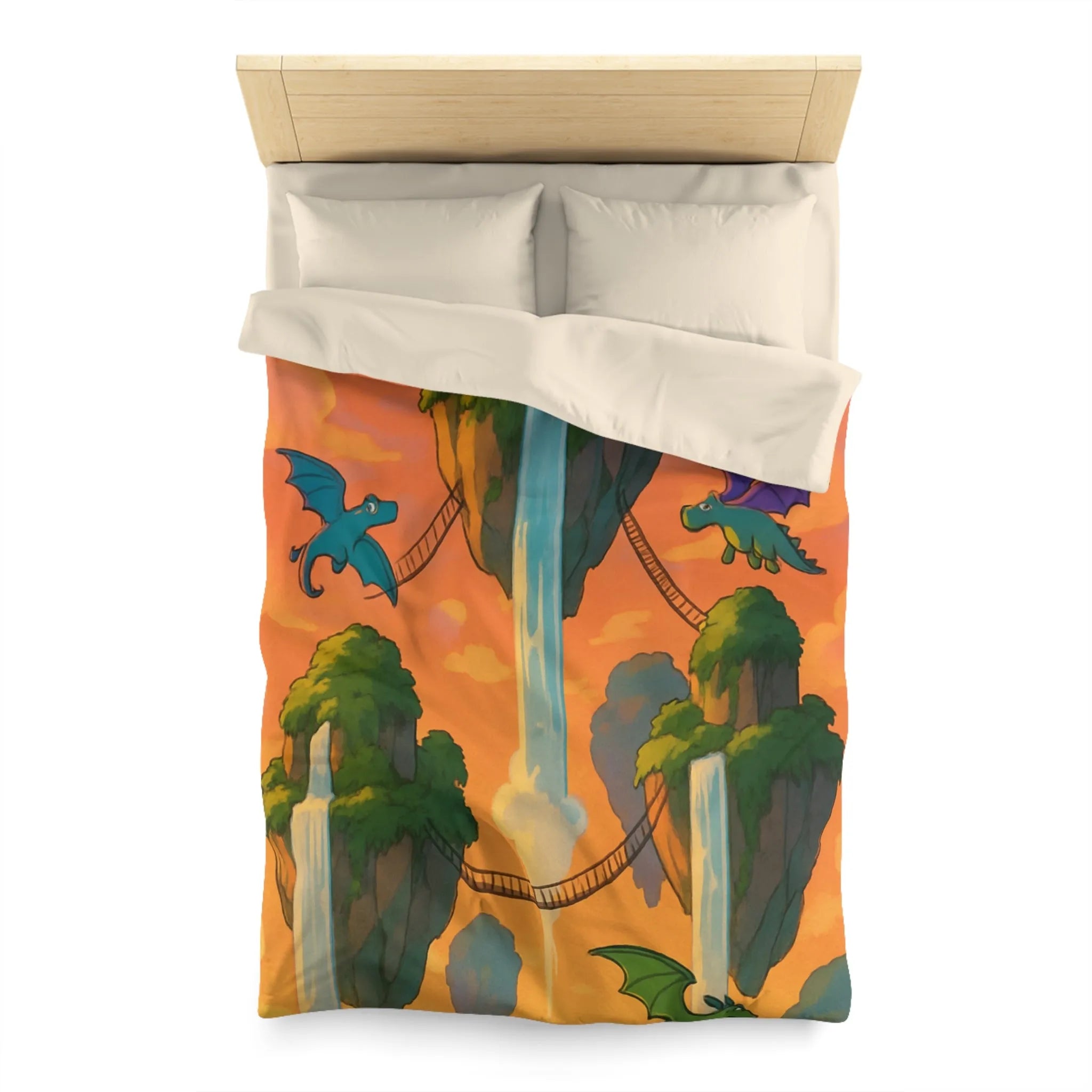 Housse de couette dragon colorée pour chambre d'enfant avec chutes et ciel magique