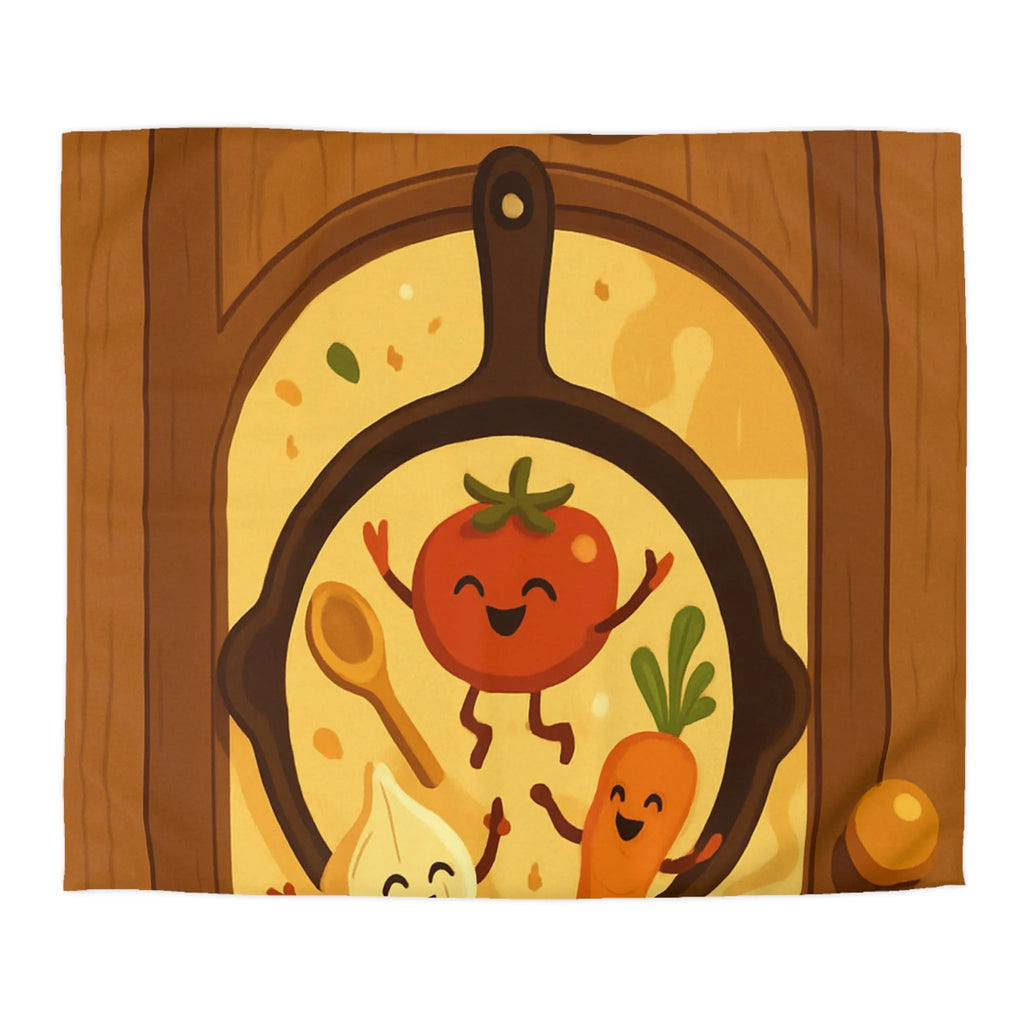 Housse de couette joyeuse avec légumes dans une poêle ambiance cuisine chaleureuse