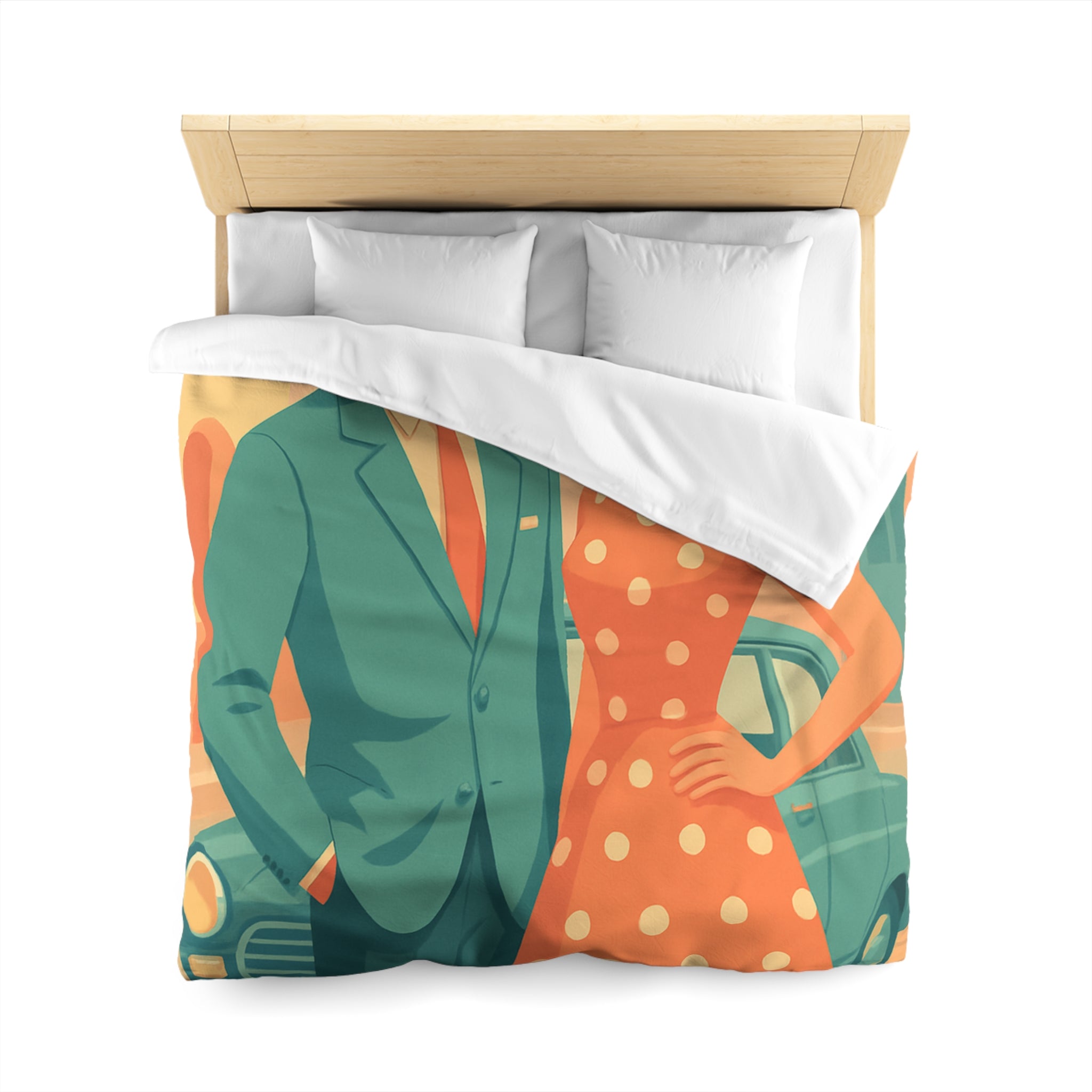 Housse de couette vintage rétro avec couple élégant en habits années 50 chic