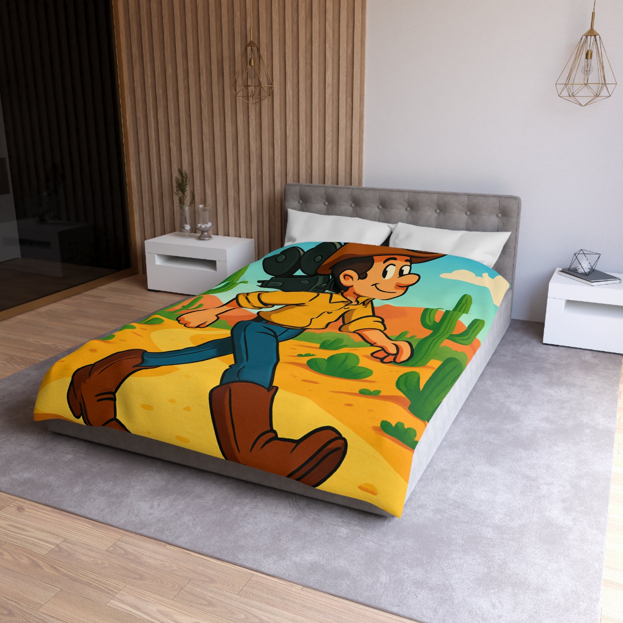 Housse de couette western cowboy dessin animé, désert cactus rétro style vibrant