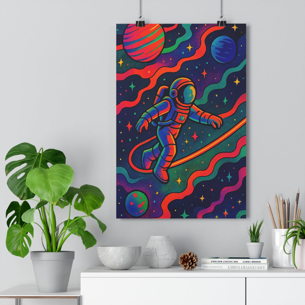Poster décoratif espace astronaute couleurs psychédéliques rouge bleu vert salon moderne ambiance rêveuse qualité