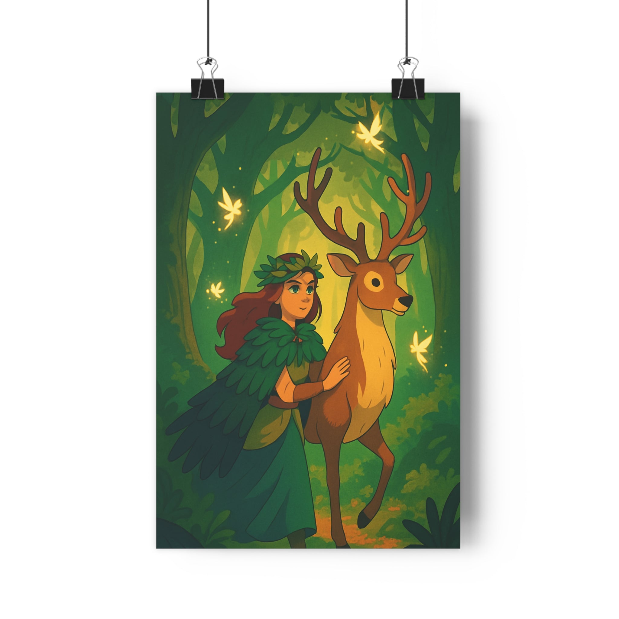 Poster décoratif anime forêt magique vert doré féerique chambre apaisante 30x46 lumineux vibrant qualité