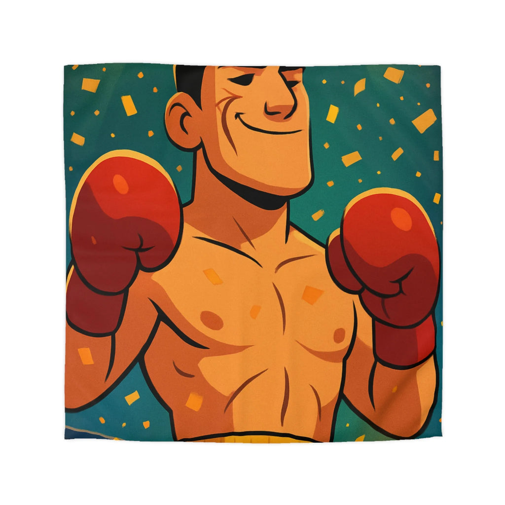 Housse de couette colorée avec boxeur en tenue rouge, ambiance festive dynamique