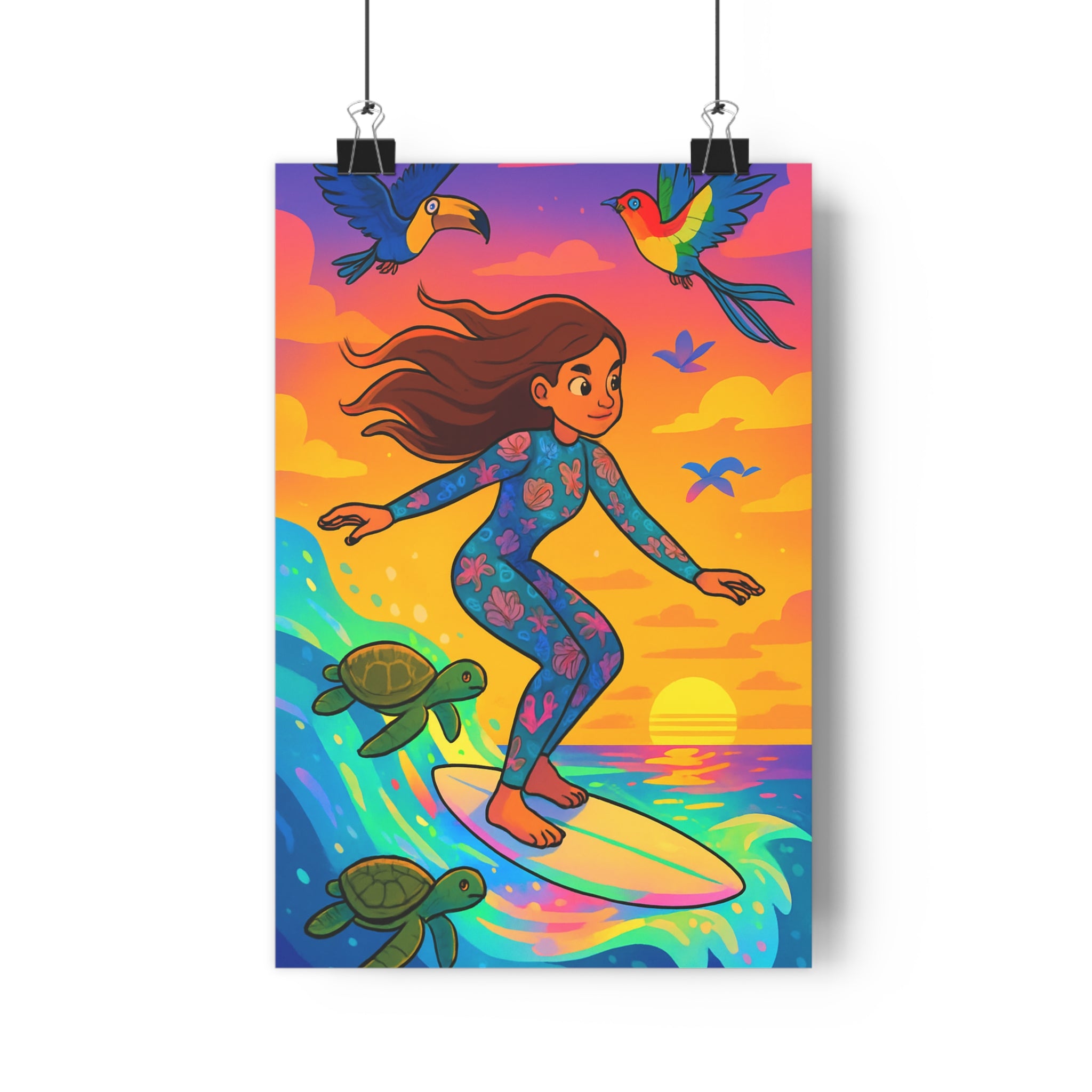 Poster décoratif cartoon vibrant océan coloré surfeuse exotique joyeux salon chambre enfant dynamique tortues