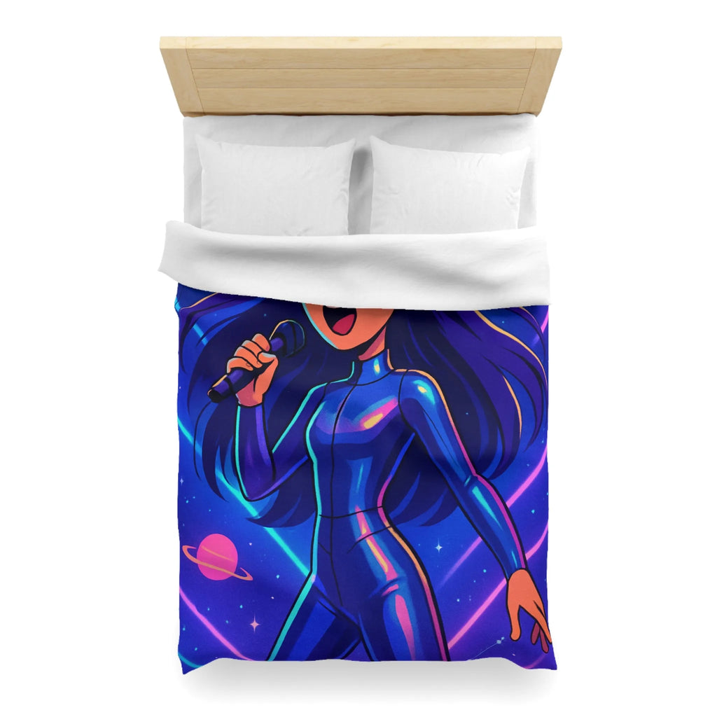 "Housse de couette galaxie: chanteuse en combinaison bleue avec planètes et étoiles brillantes"