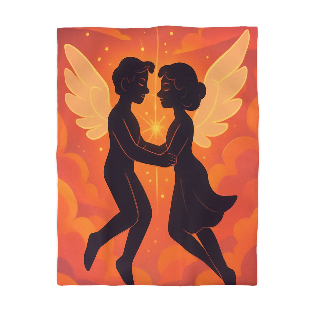 Housse de couette avec anges amoureux flottant dans nuages orangés dorés au crépuscule