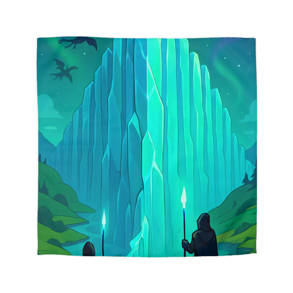 Housse de couette fantastique avec cristal géant et silhouettes de dragons au crépuscule