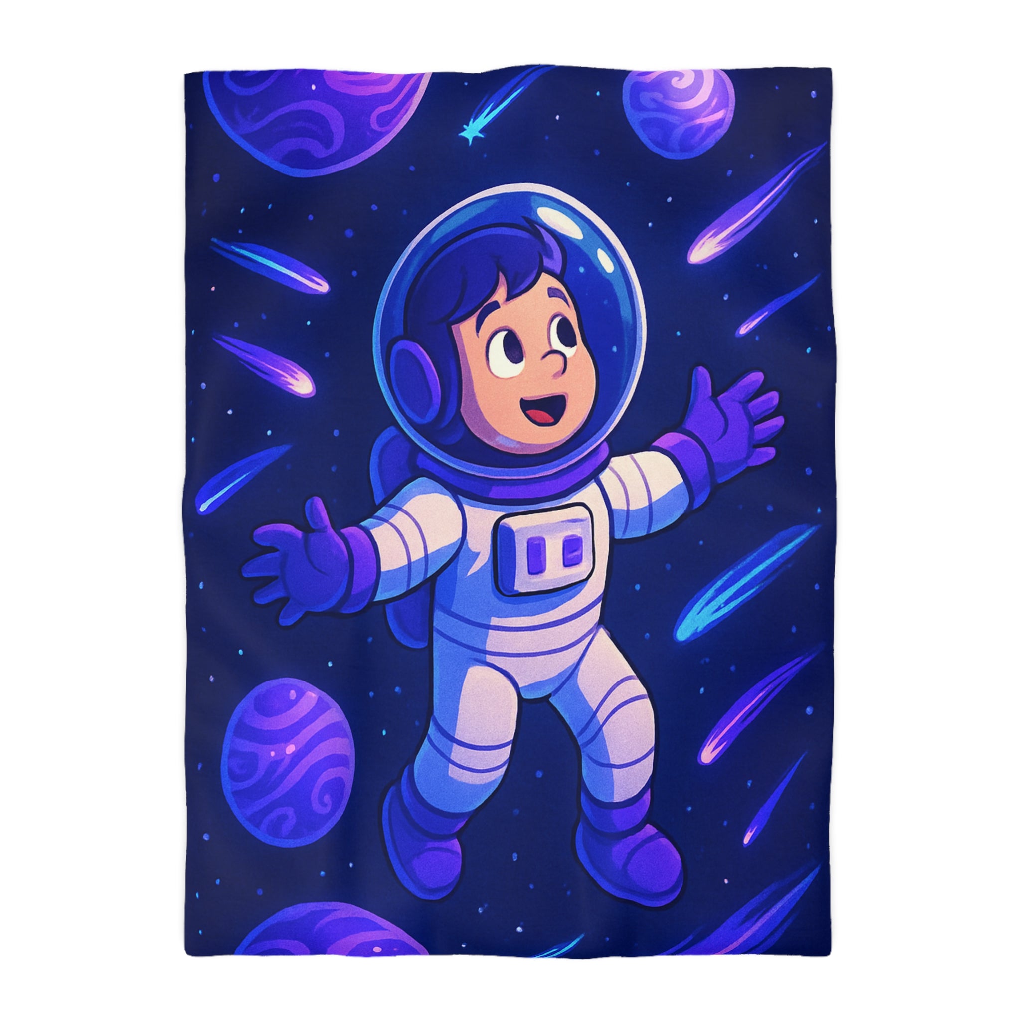Housse de couette enfant thème espace avec astronaute et planètes colorées violettes