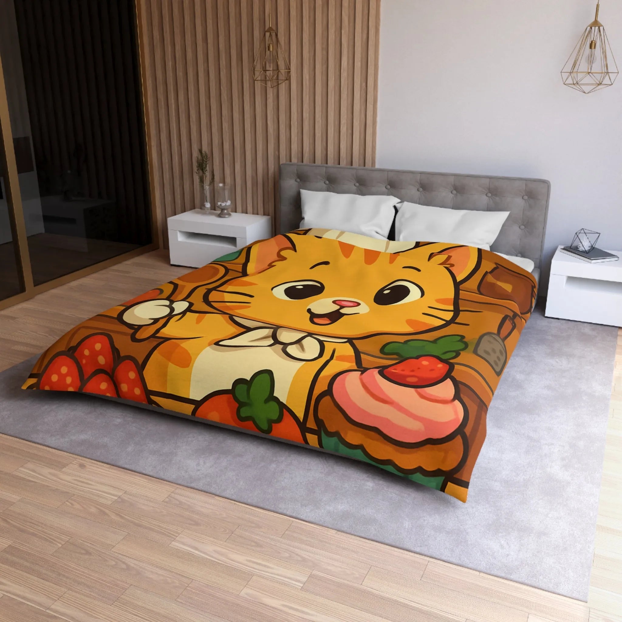 Housse de couette colorée avec chat cuisinier et pâtisseries dans une cuisine animée