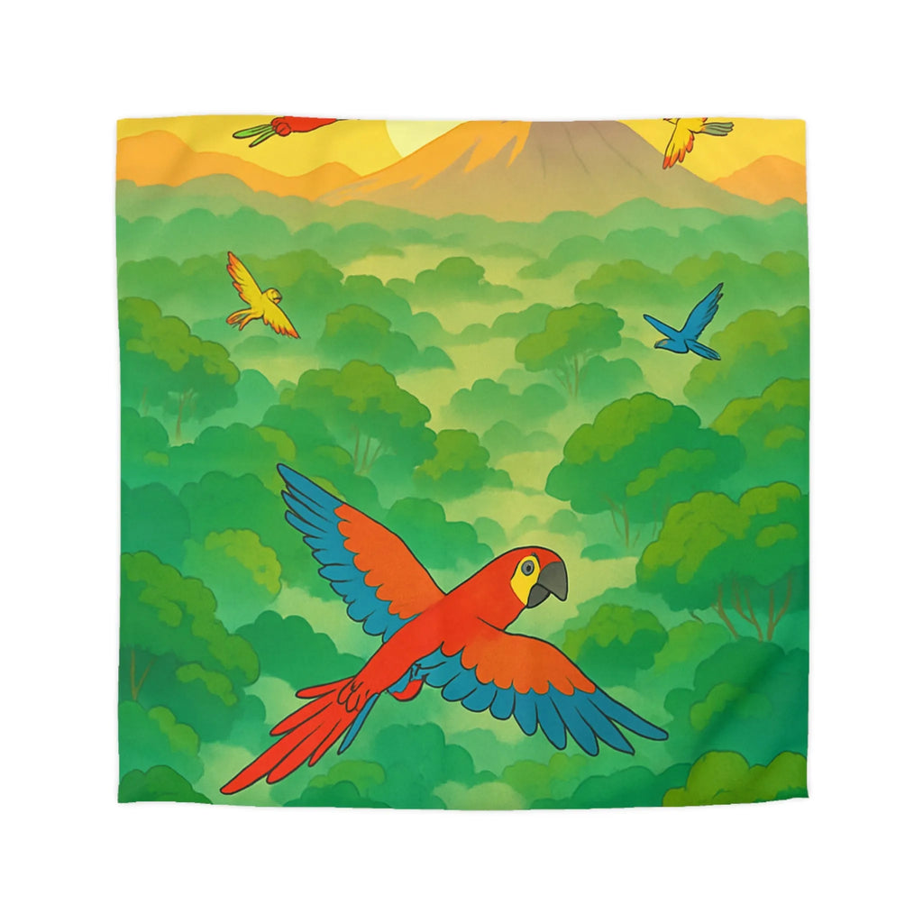 Housse de Couette Colorée Tropicale avec Perroquets et Paysage de Forêt Exotique