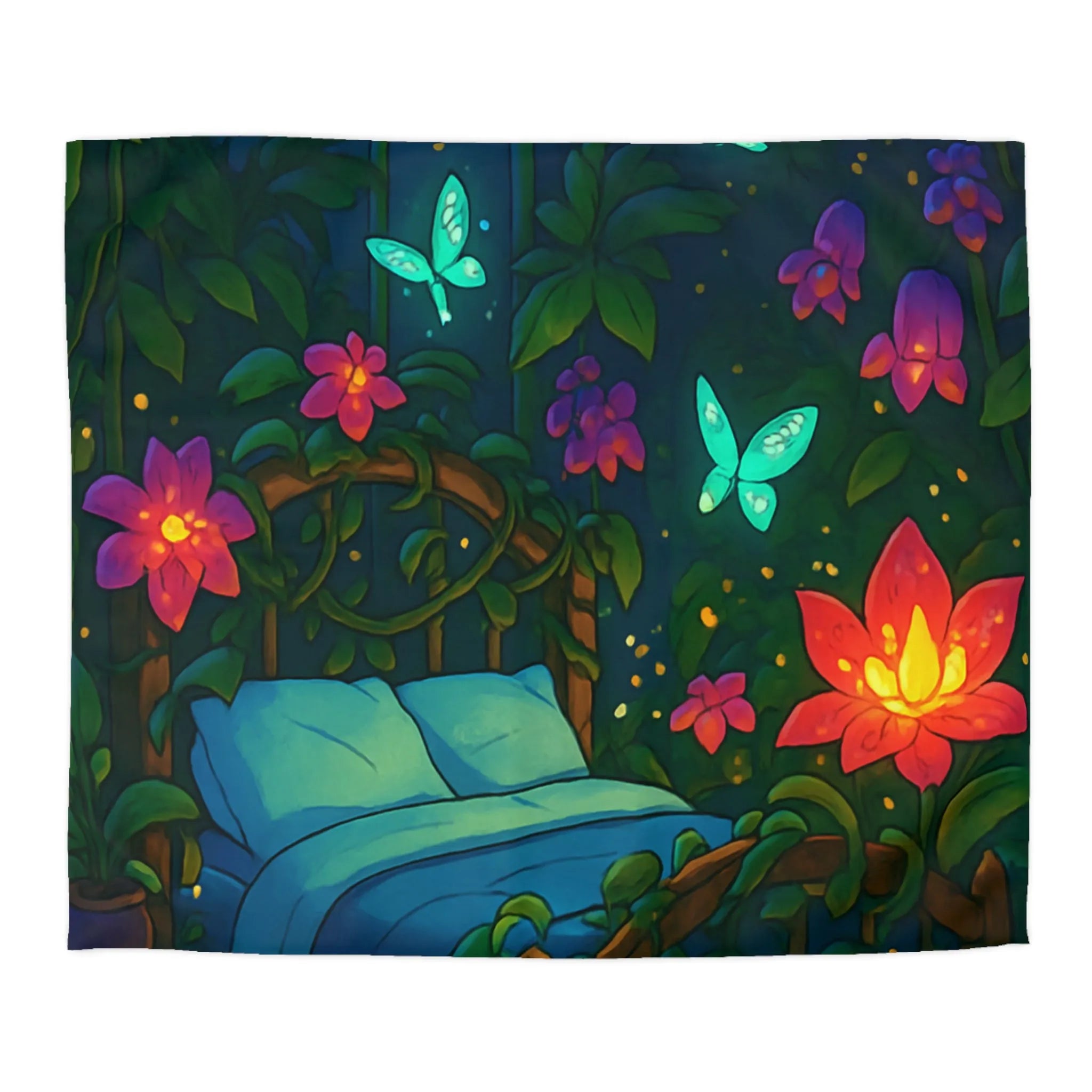 Housse de couette magique avec motifs de fleurs lumineuses et papillons dans la nuit