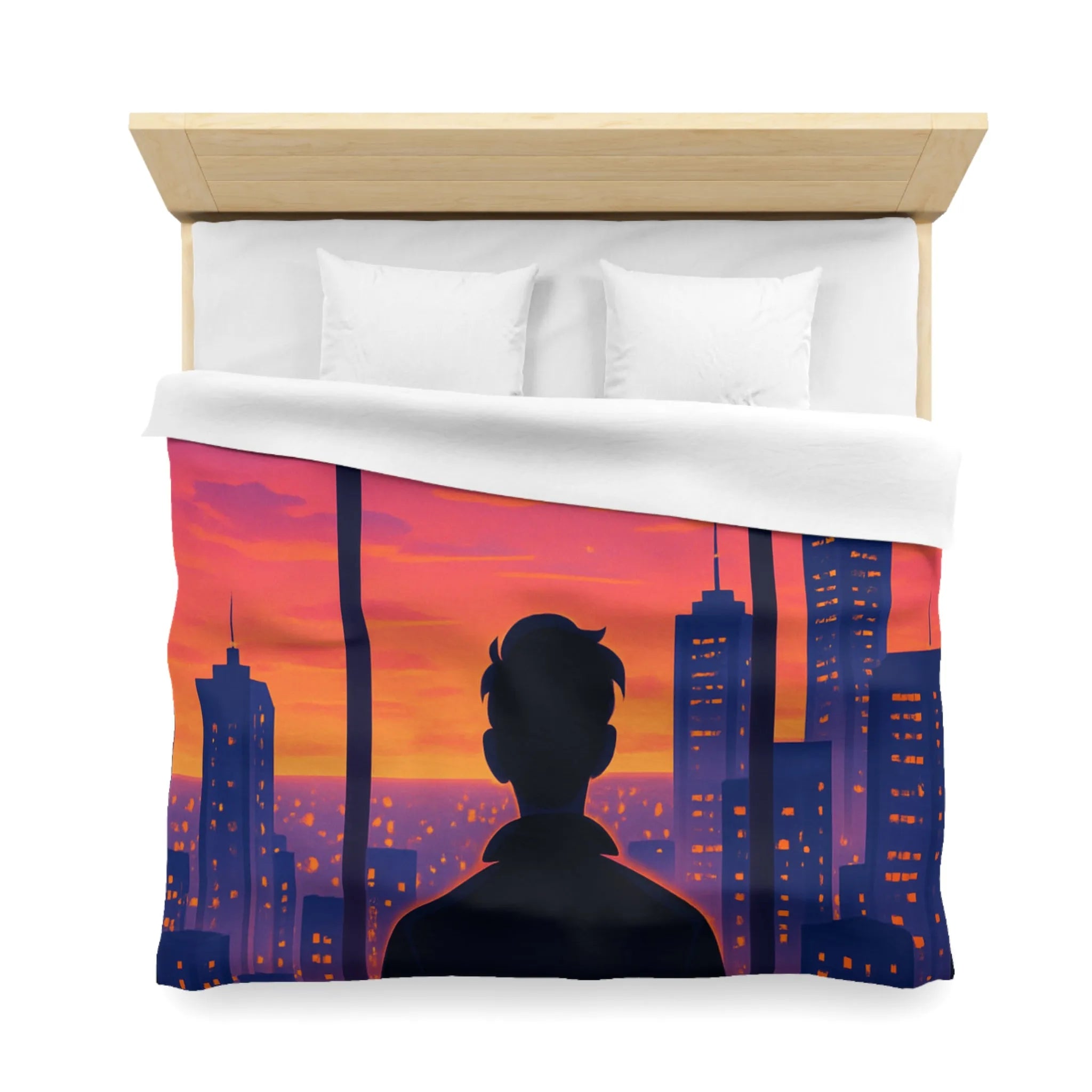 Housse de Couette Colorée avec Silhouette de Personne Devant Ville au Crépuscule