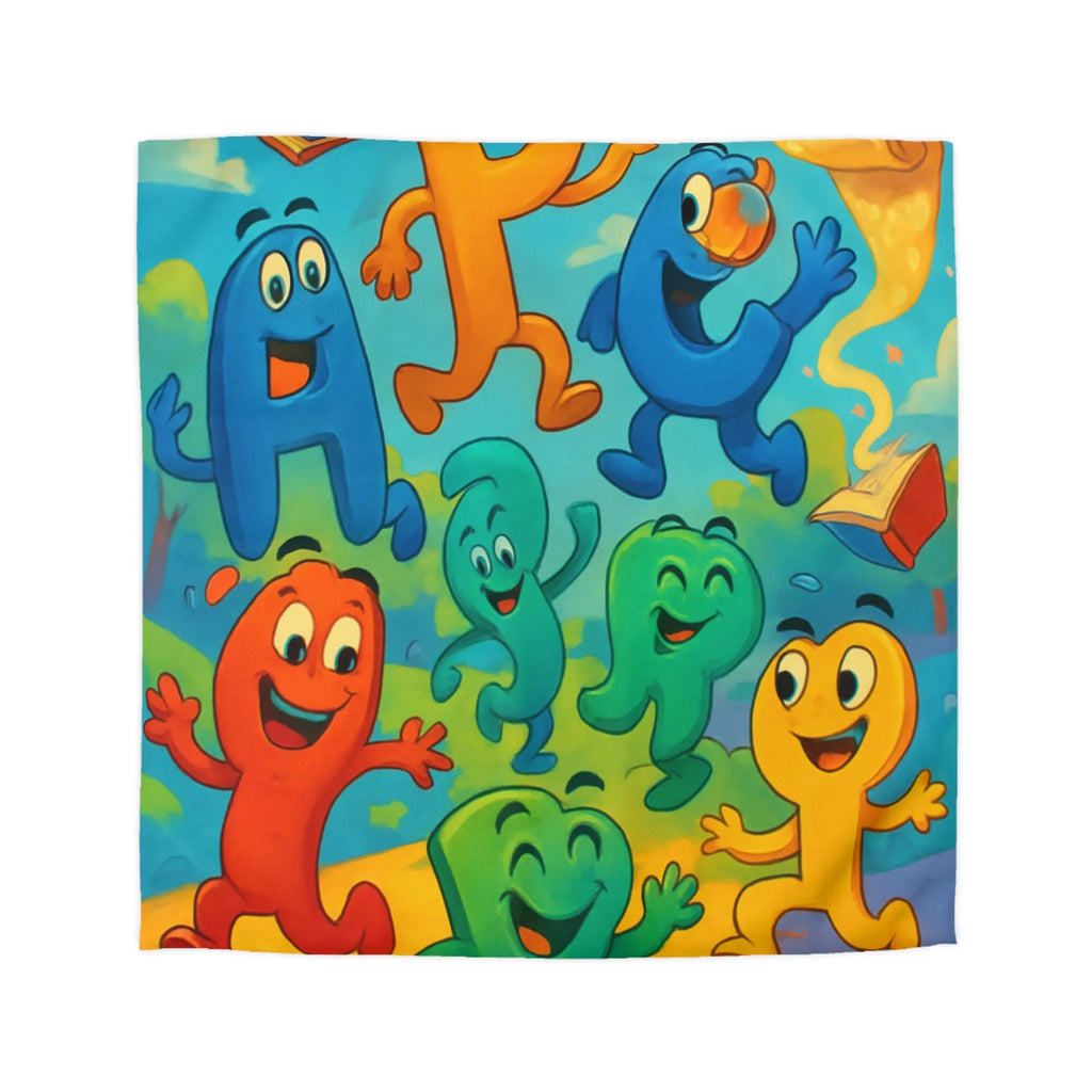 Housse de couette colorée avec lettres animées dans un paysage ludique et éducatif