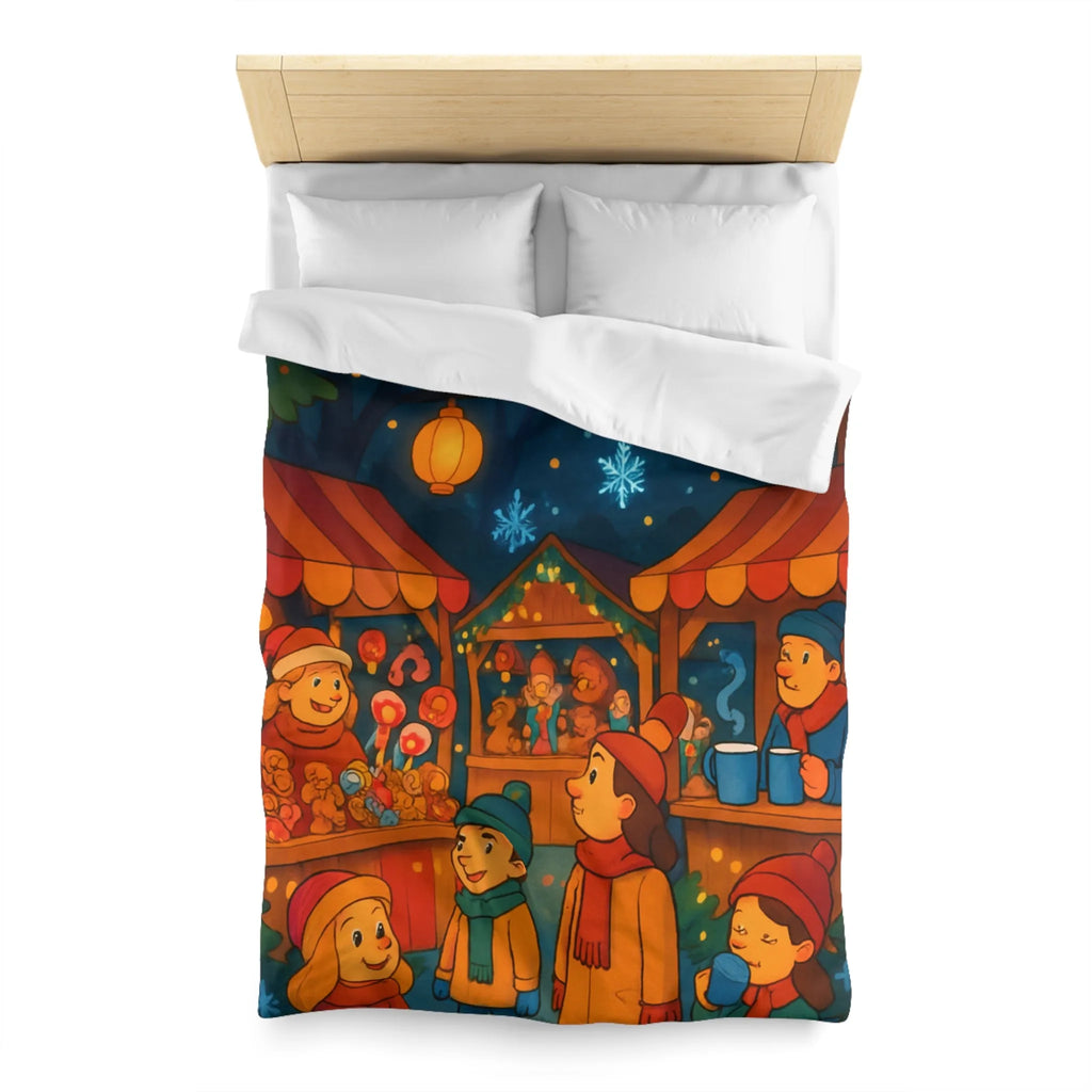 Housse de Couette Enfantine avec Scène Festive de Marché de Noël Illuminé et Joyeux