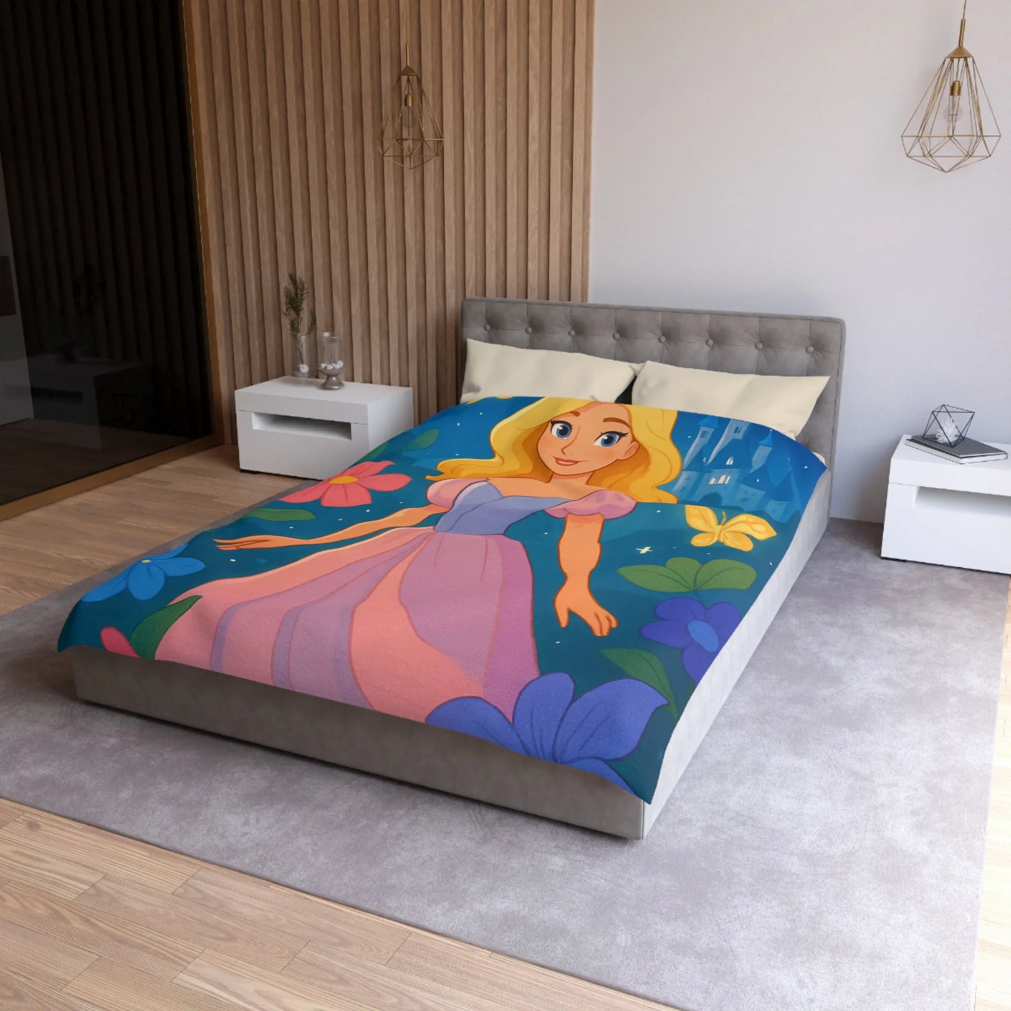 Housse de couette enchantée princesse et château fleurs papillons magique pour chambre enfant