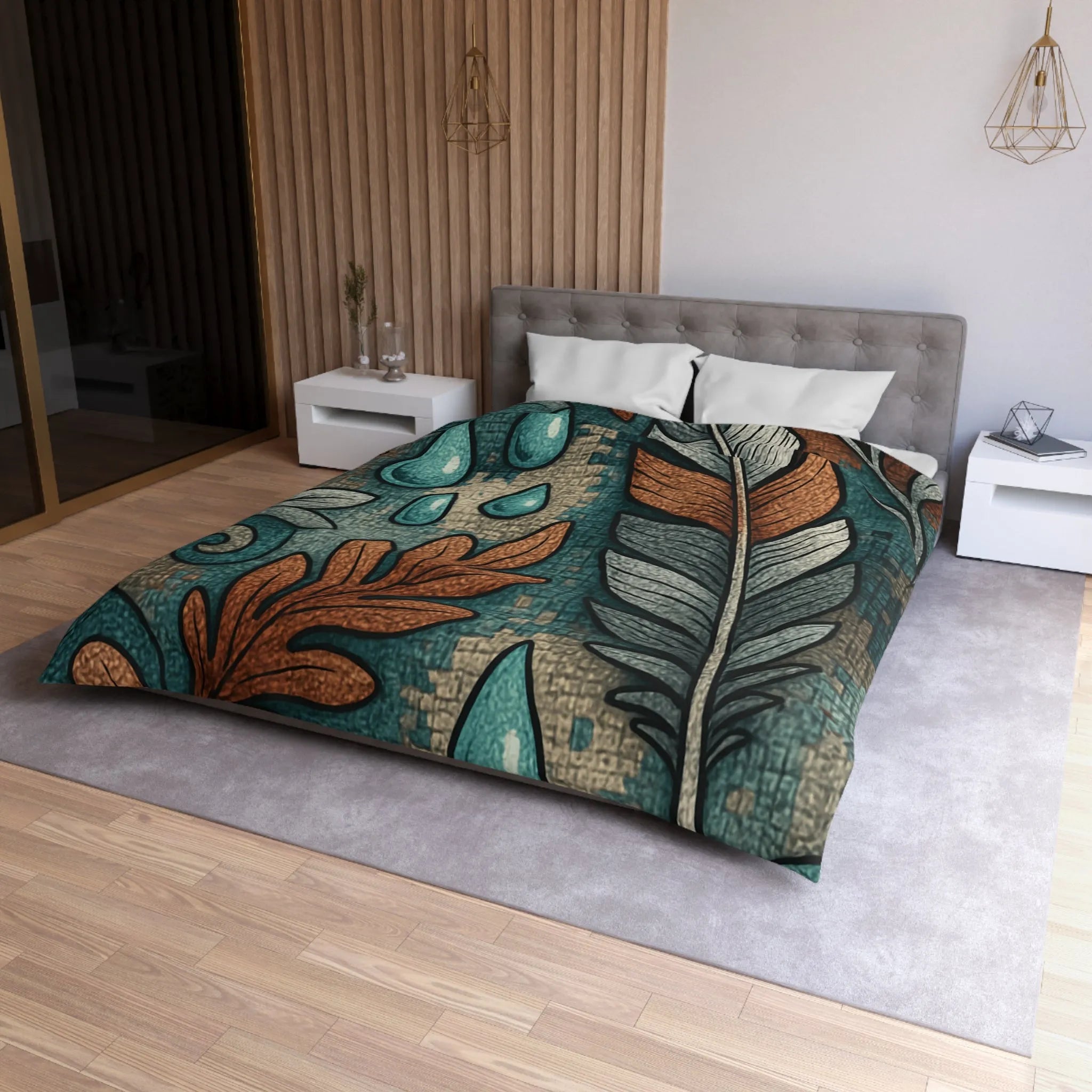 Housse de Couette Élégante avec Plumes et Feuilles, Teintes Bleues et Oranges