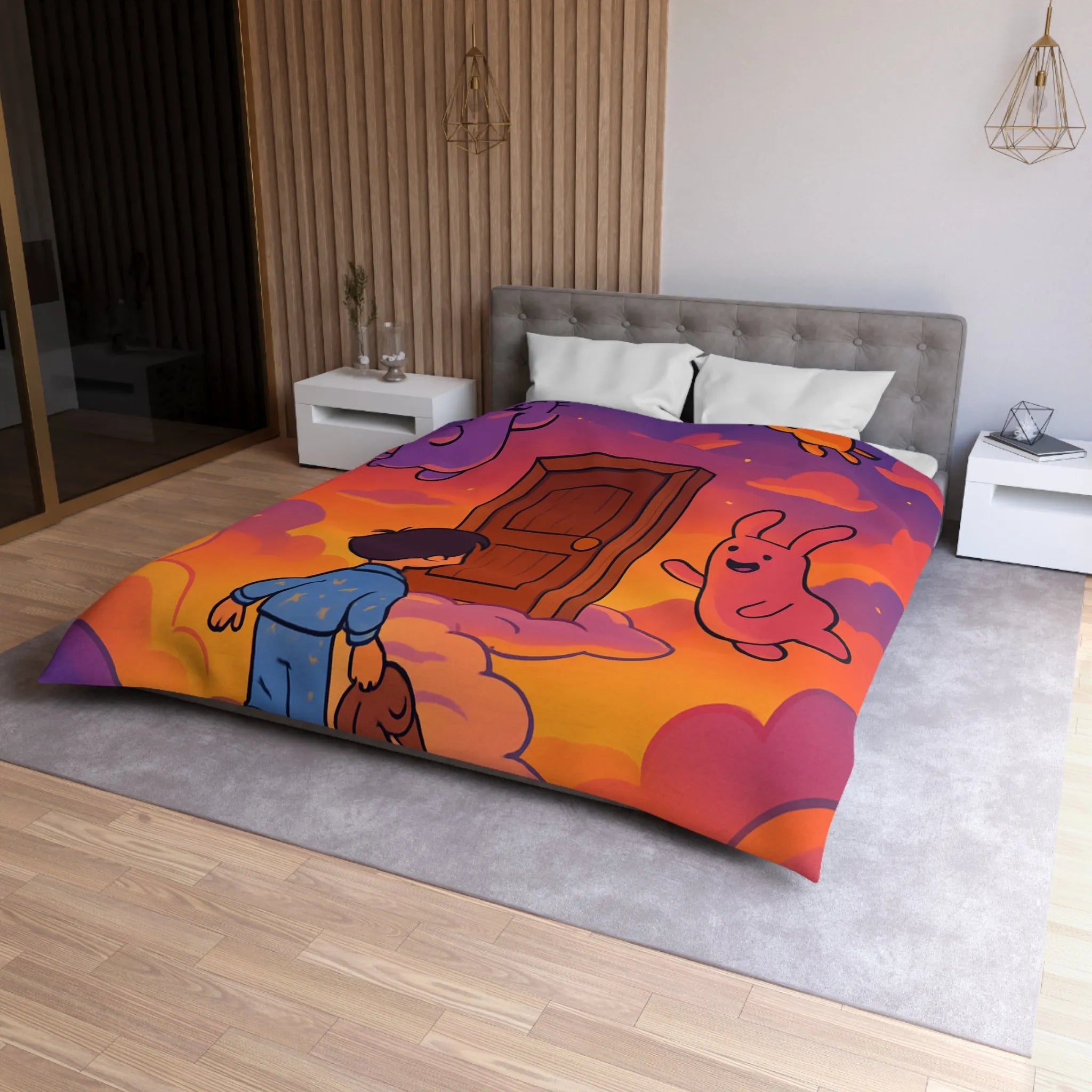 Housse de couette enfants : rêves colorés avec nuages et créatures magiques amusantes