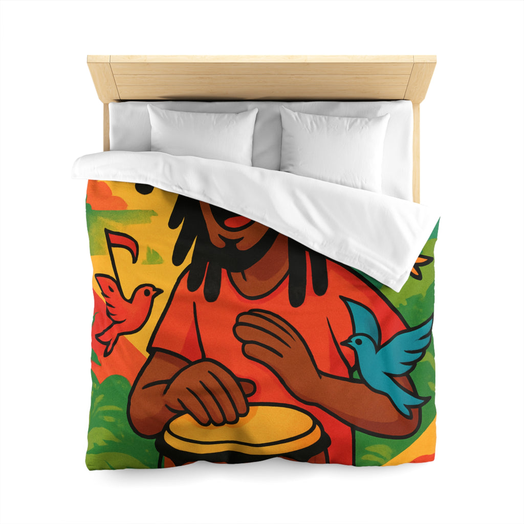 Housse de couette vibrante arc-en-ciel reggae avec tambour, palmiers et oiseaux colorés