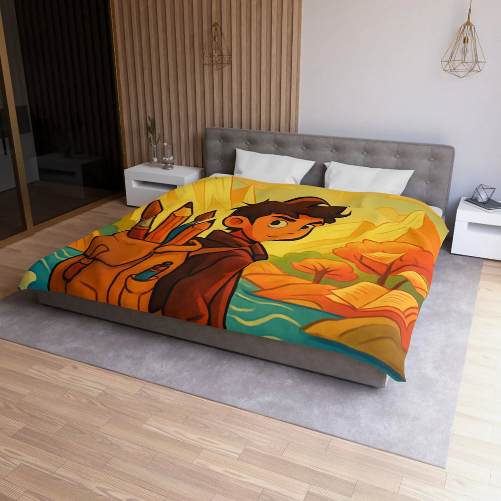 Housse de couette artistique colorée avec paysage lumineux et personnage aventureux dessiné