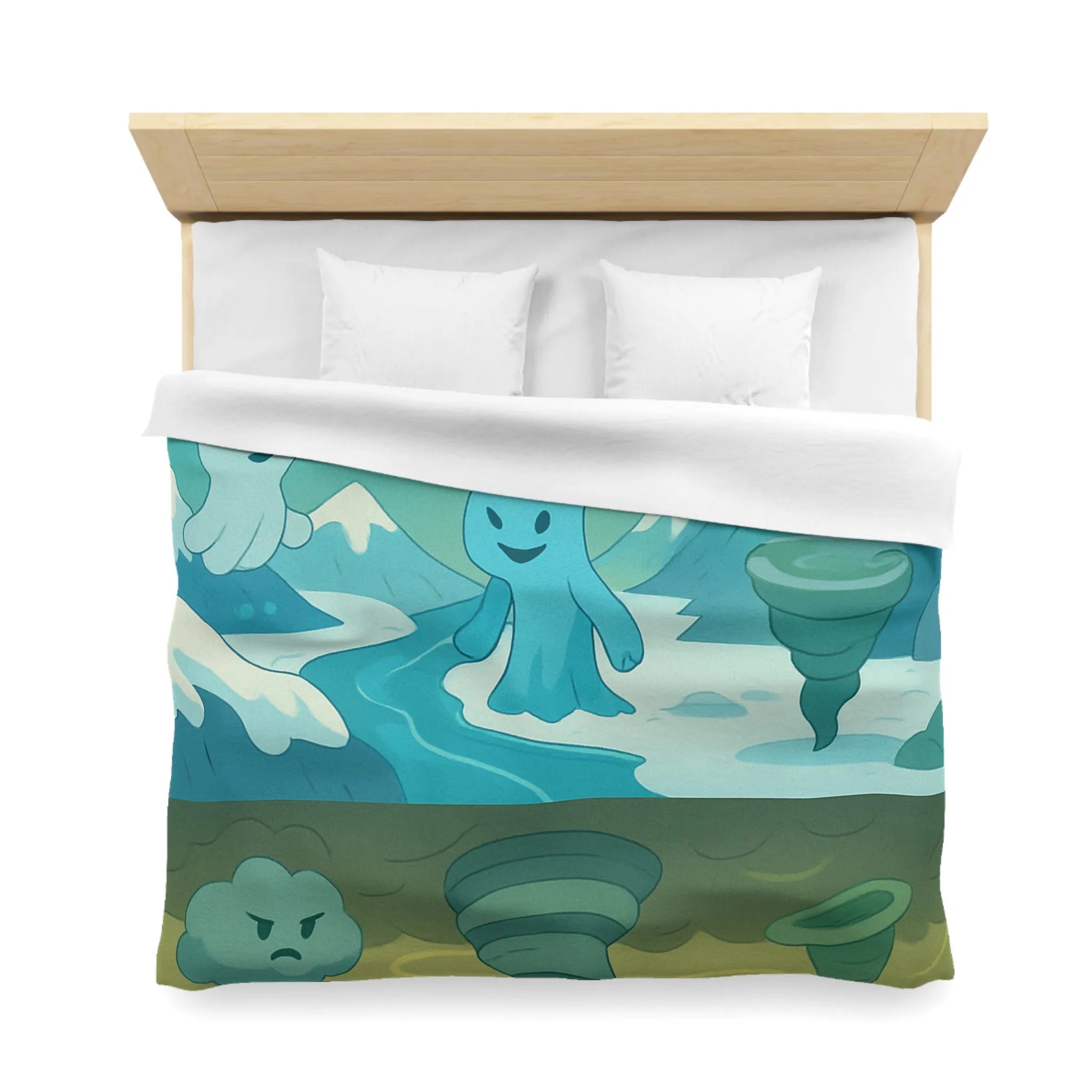 Housse de couette illustrant esprits élémentaires dans des paysages fantastiques vibrants et colorés