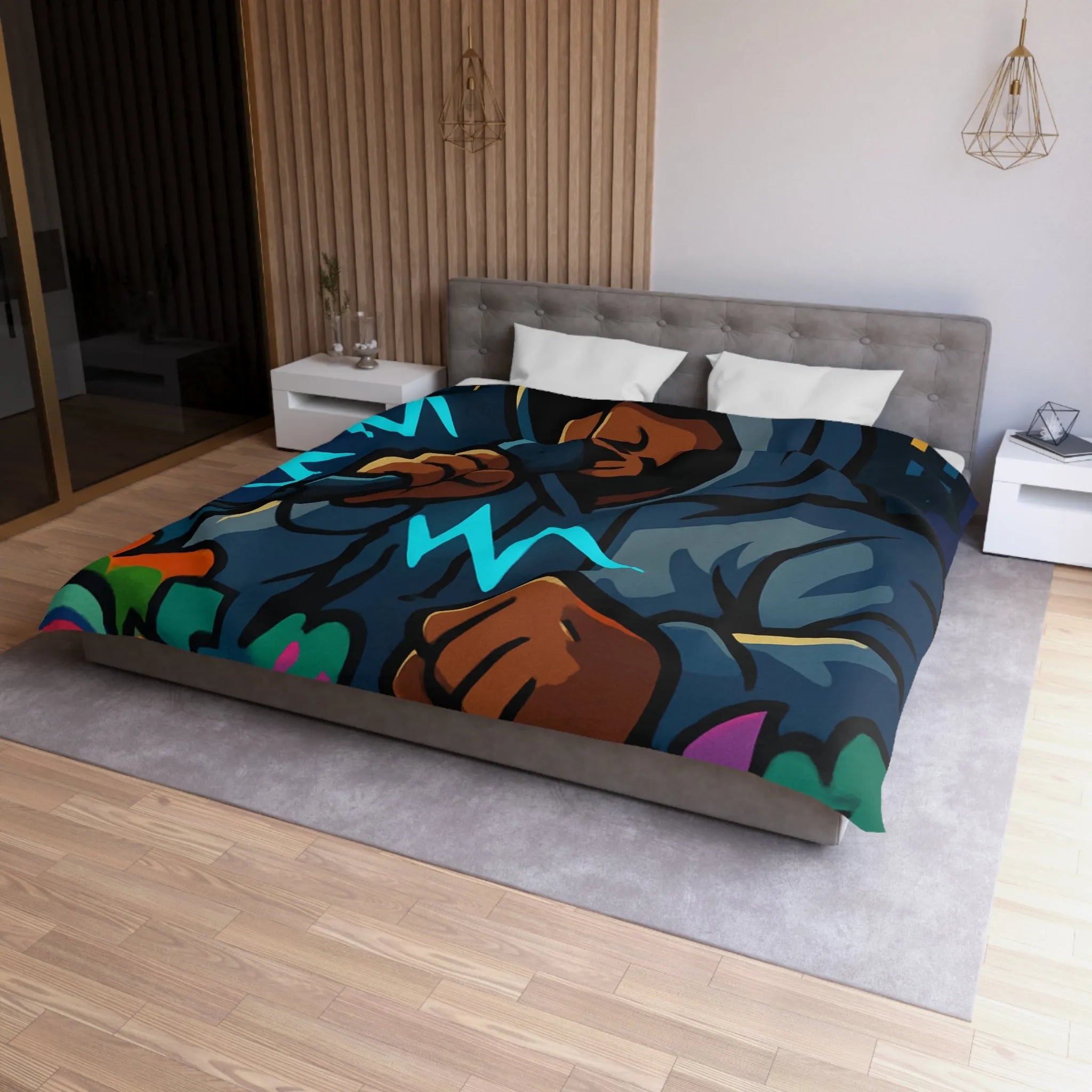 Housse de couette avec artiste hip-hop en hoodie et graffitis colorés de rue