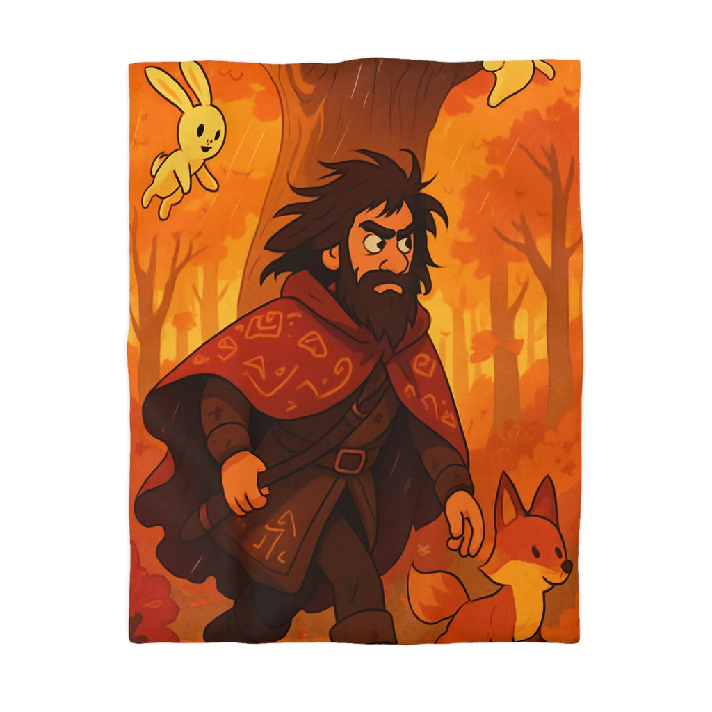 Housse de Couette Artistique avec Forêt Mystique d'Automne, Homme Barbu et Animaux Joyeux