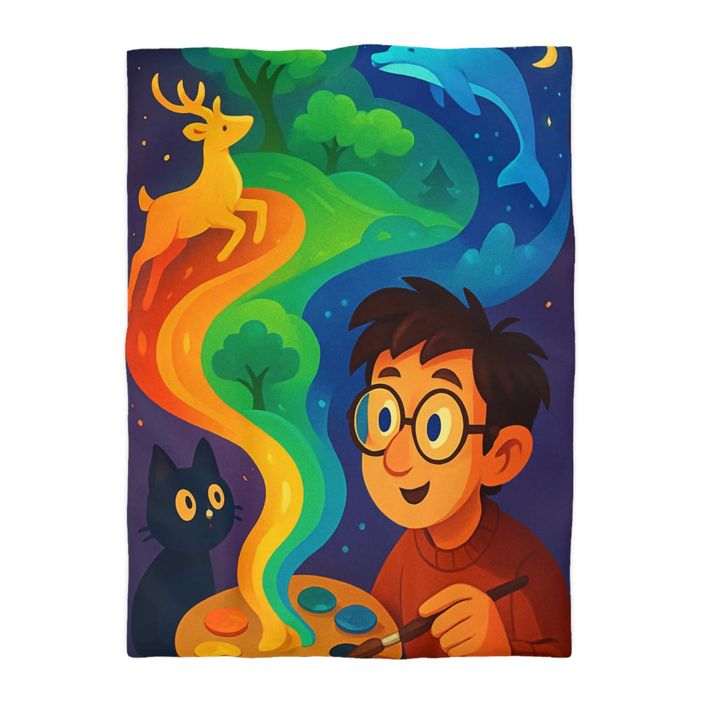 Housse de couette colorée illustrée avec artiste, palette et animaux fantastiques