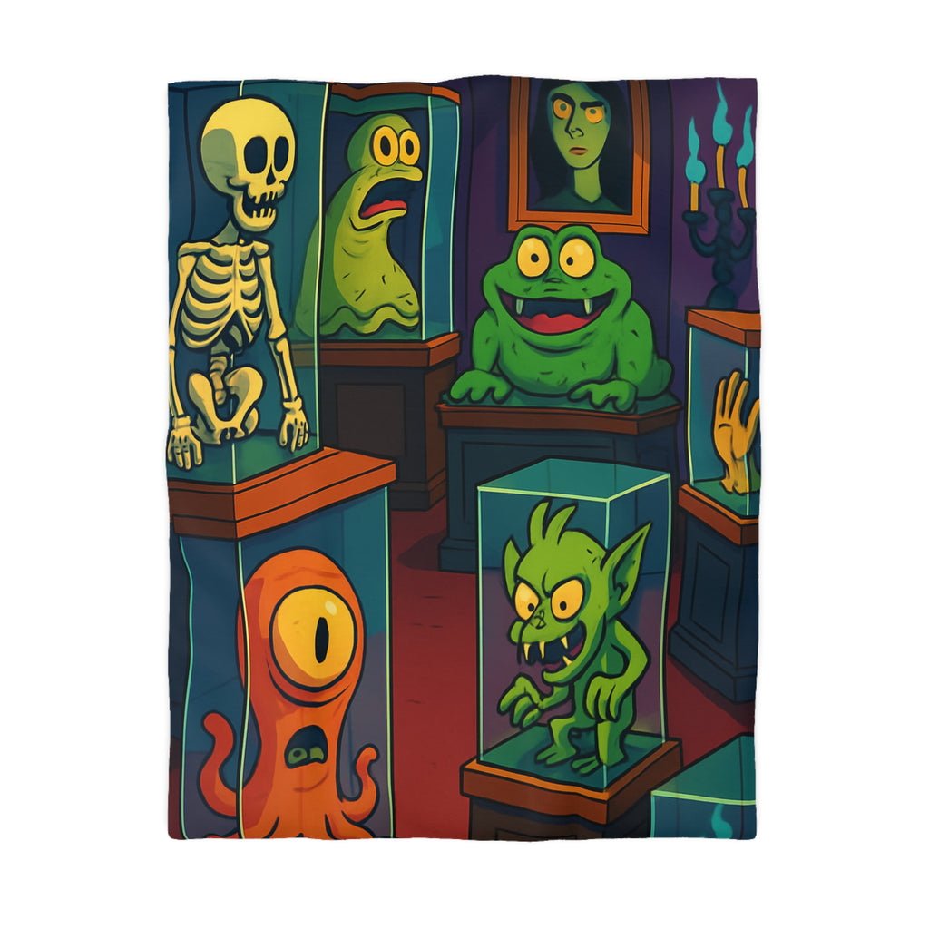 Housse de couette pour enfant avec monstres comiques dans un musée fantaisiste et coloré