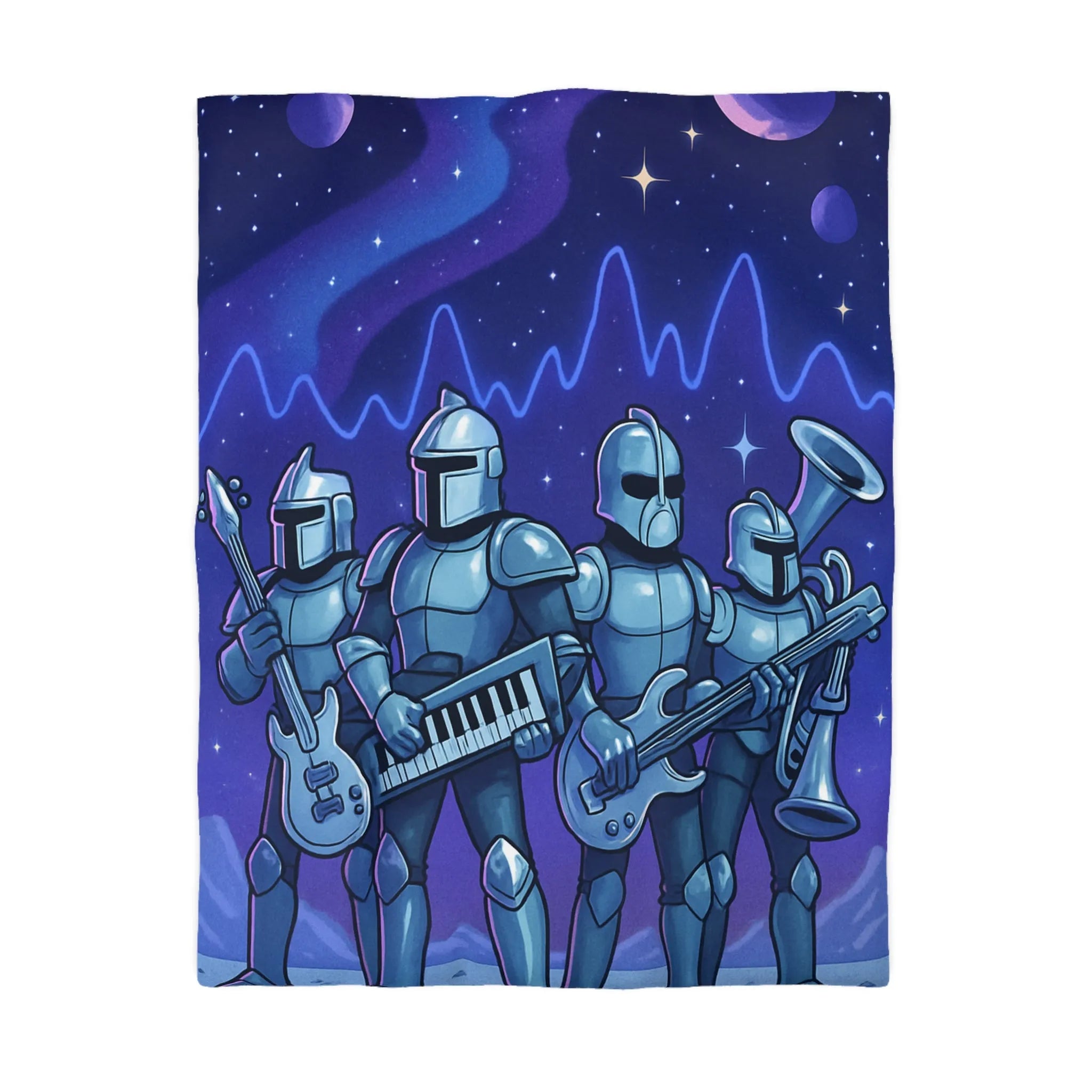 Housse de couette futuriste avec chevaliers musiciens sur fond spatial étoilé galactique