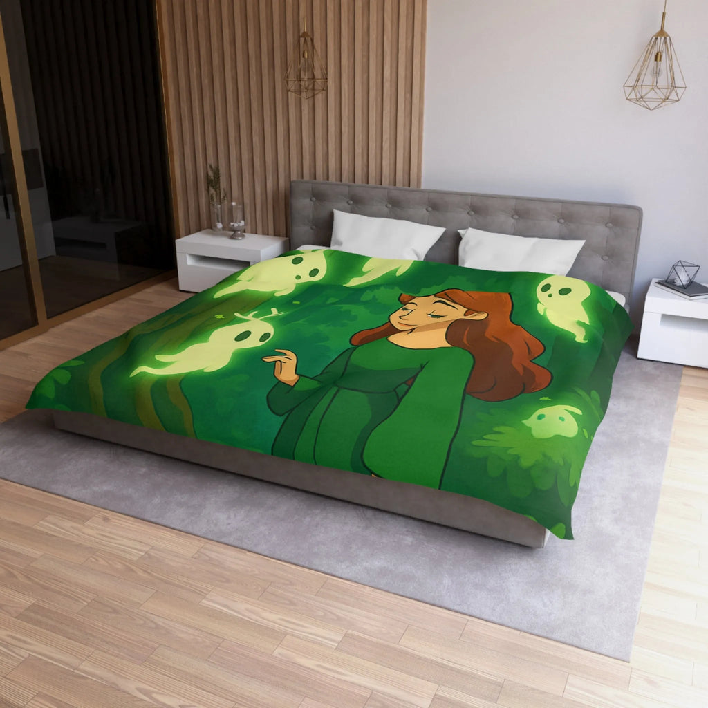 Housse de couette enchantée avec esprits lumineux dans une forêt mystérieuse et verdoyante