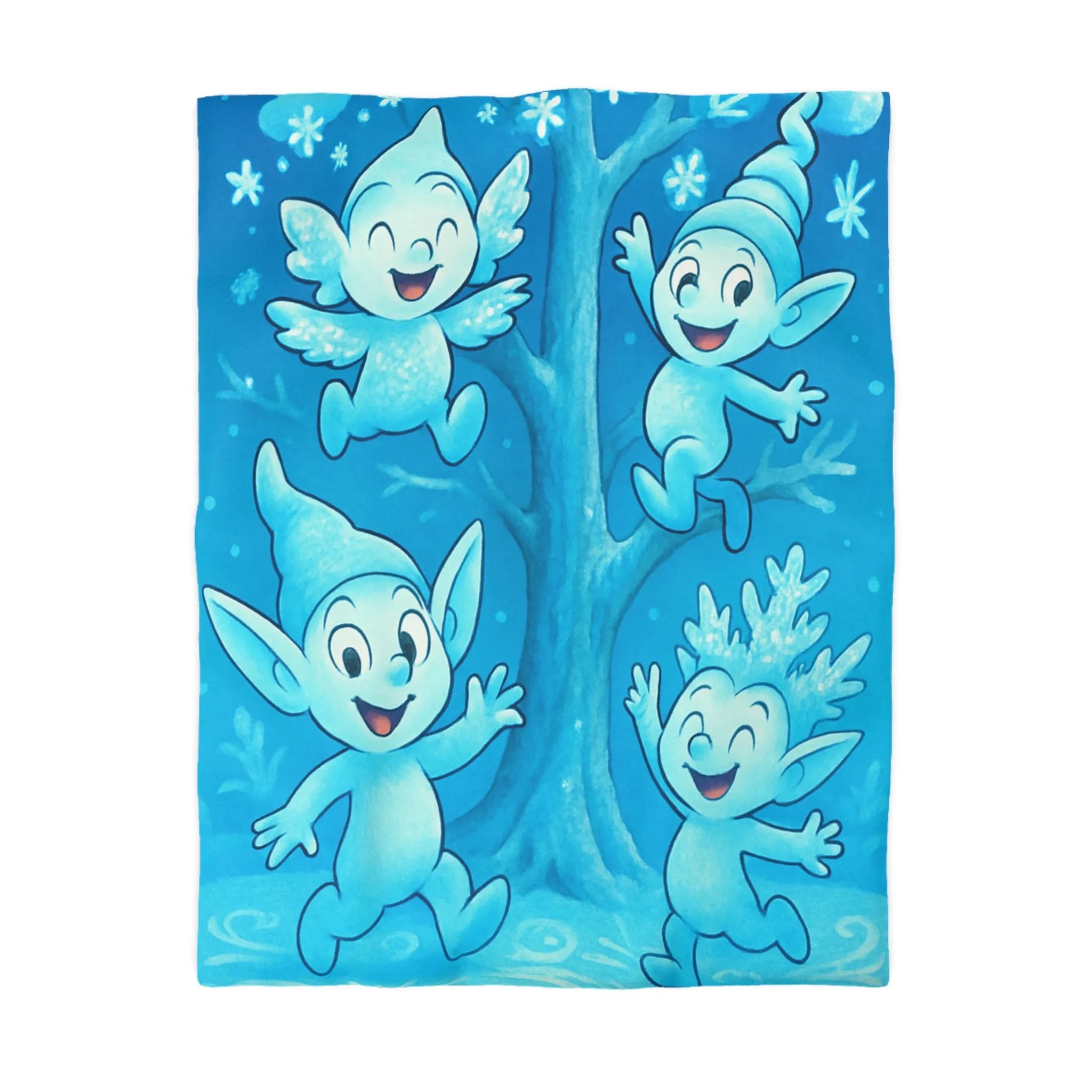 Housse de couette féerique avec lutins bleus dans forêt enchantée hivernale et magique