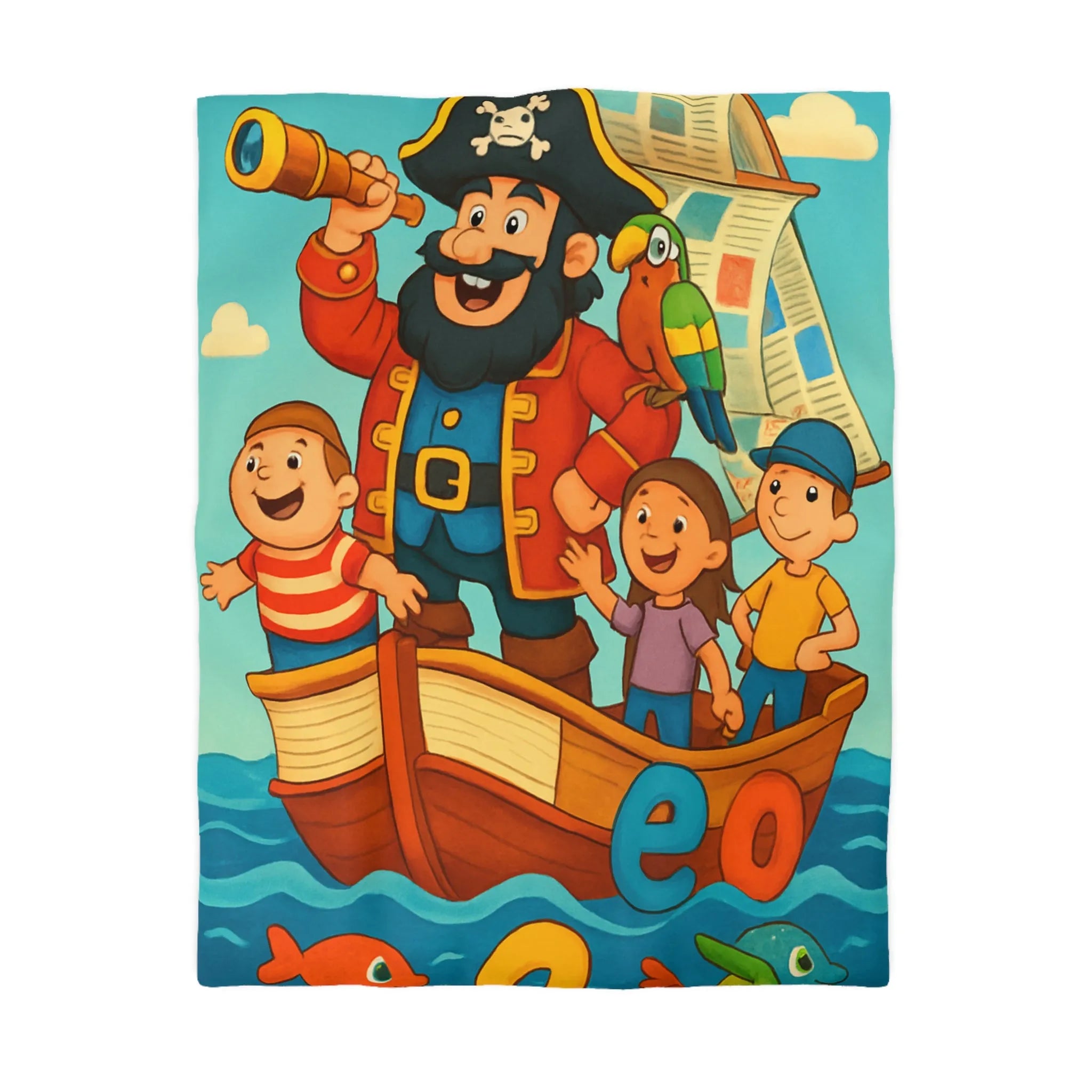 Housse de couette enfant pirate avec voyelles, perroquet et mer colorée