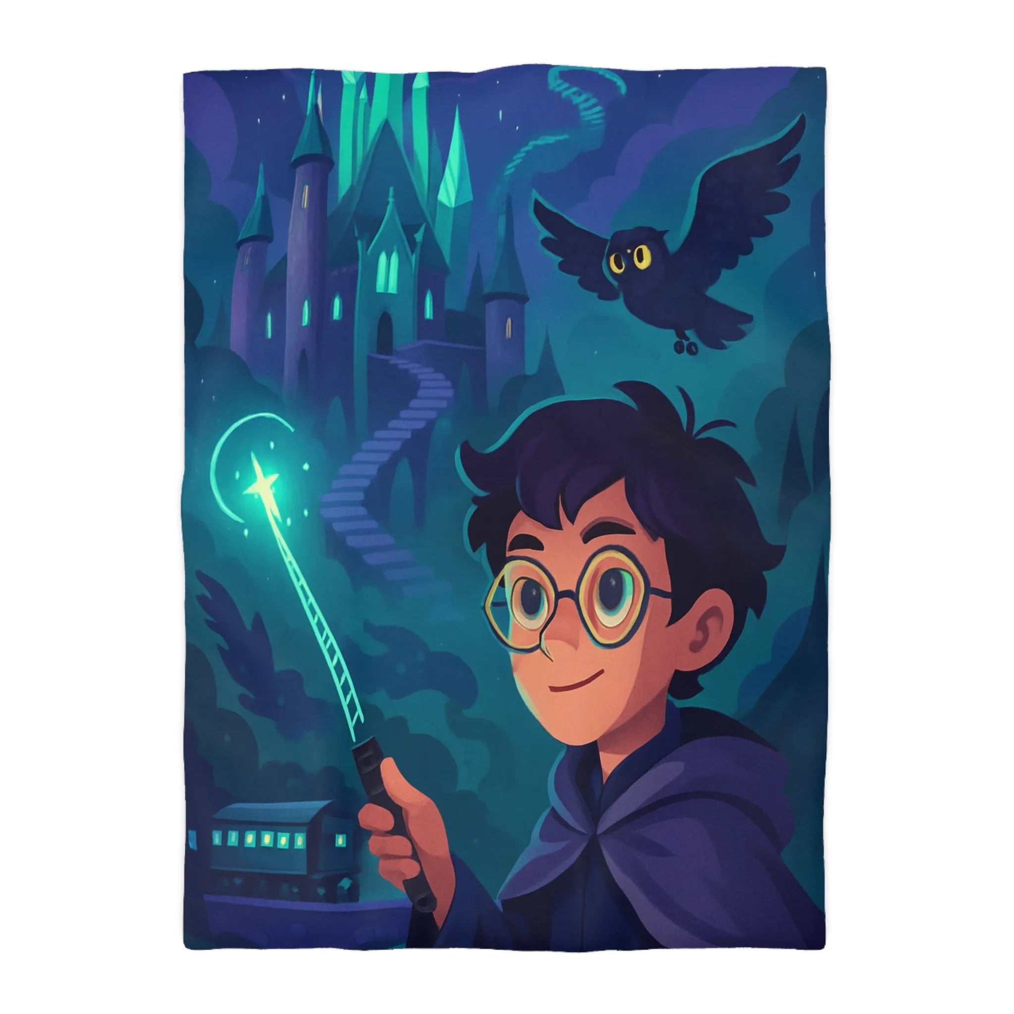 Housse de Couette Magique avec Enfant, Baguette Lumineuse et Chouette en Nuit Mystique