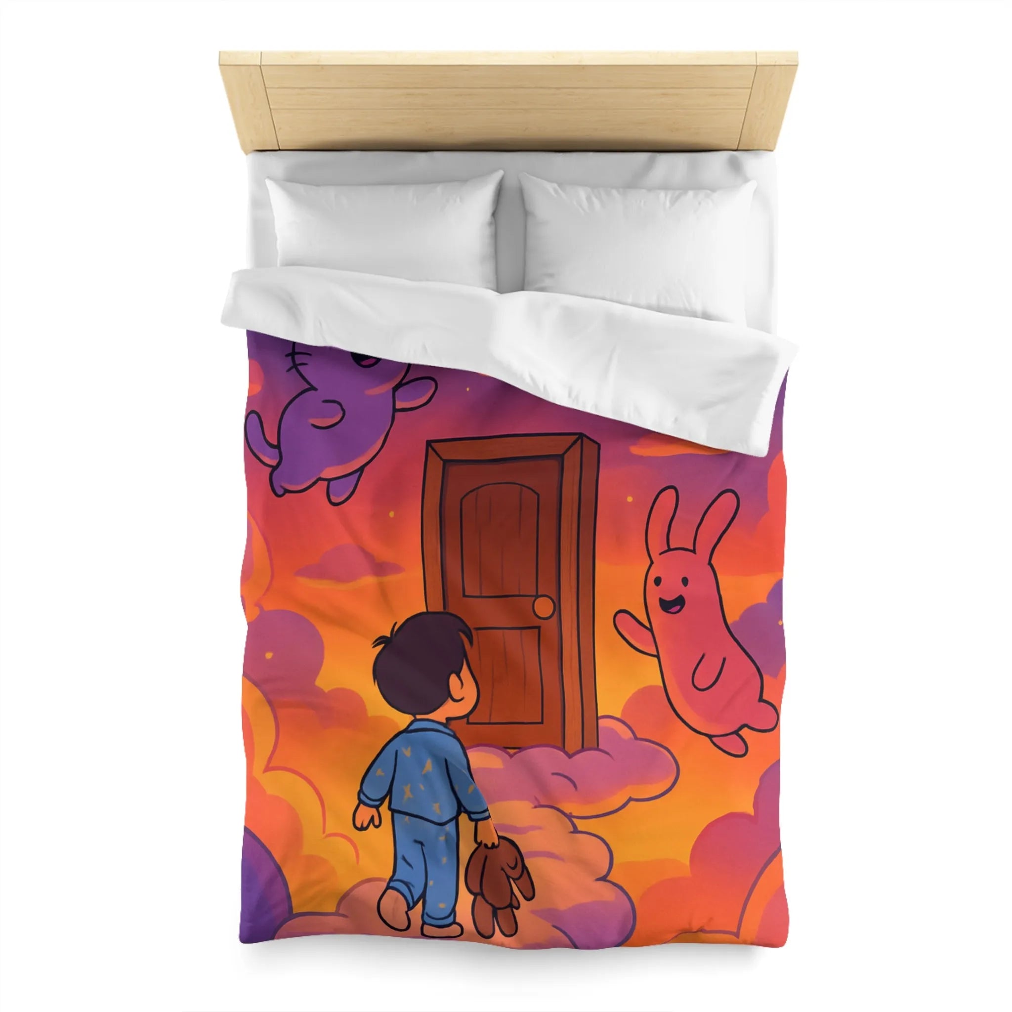 Housse de couette enfants : rêves colorés avec nuages et créatures magiques amusantes